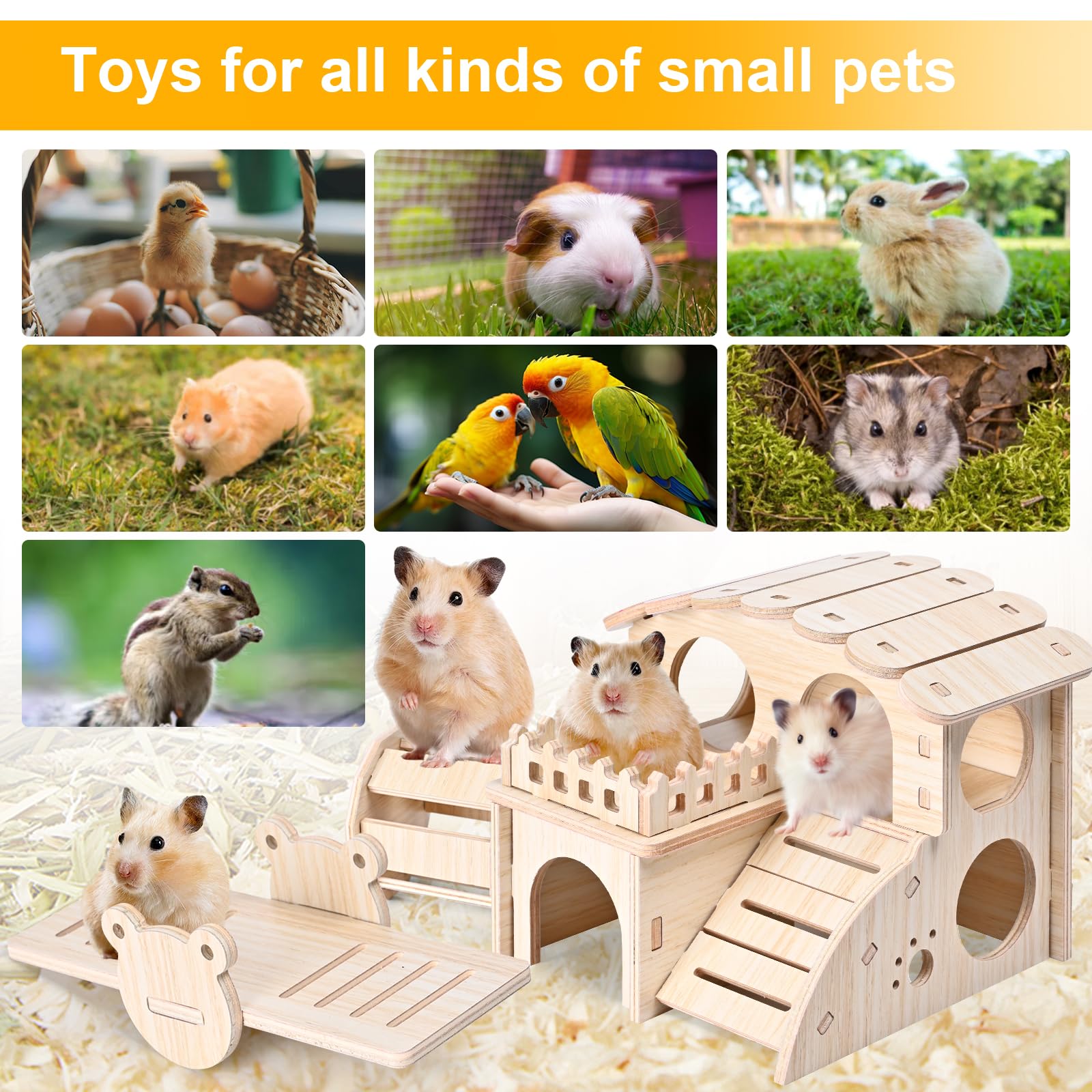 7pcs Wooden Hamster Cage Accessories Set - Hamster House, Exercise Ball, Seesaw Bridge, Hideout & Swing Toys for Hamsters, Guinea Pigs & Small Pets | Perfect for Cage Enrichment & Playtime Activities