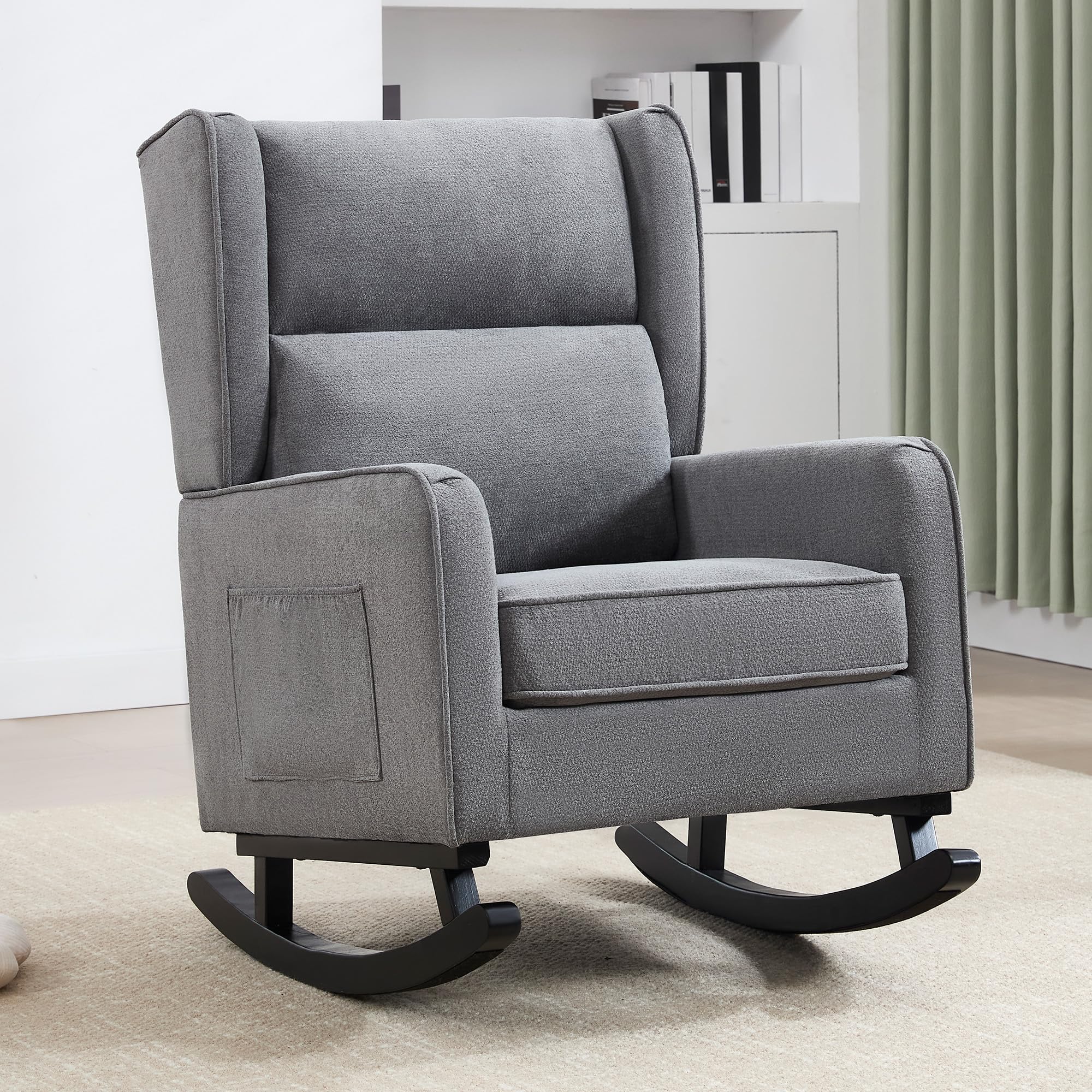 Modern Nursery Rocking Chair for Mom - High Backrest Solid Wood Rocker, Wingback Accent Chair for Reading in Living Room & Bedroom - Deep Grey | Perfect for Nursing, Relaxing & Nursery Decor