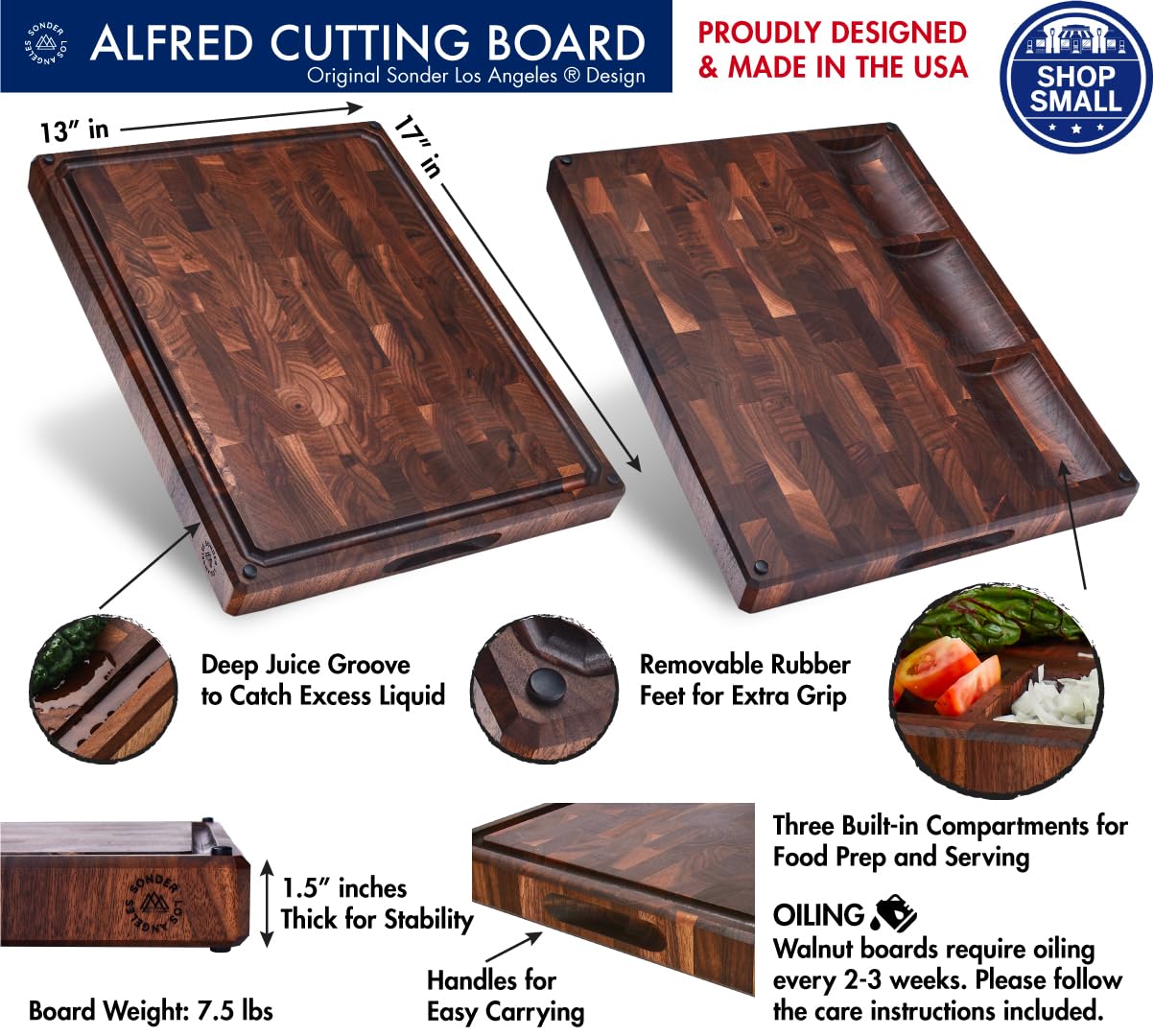 Premium Large End Grain Walnut Wood Cutting Board 17x13x1.5 Inch - Handcrafted in USA with Non-Slip Feet, Juice Groove & Sorting Compartments - Perfect for Kitchen Prep, Charcuterie Boards & Holiday Gifts (Includes Gift Box)