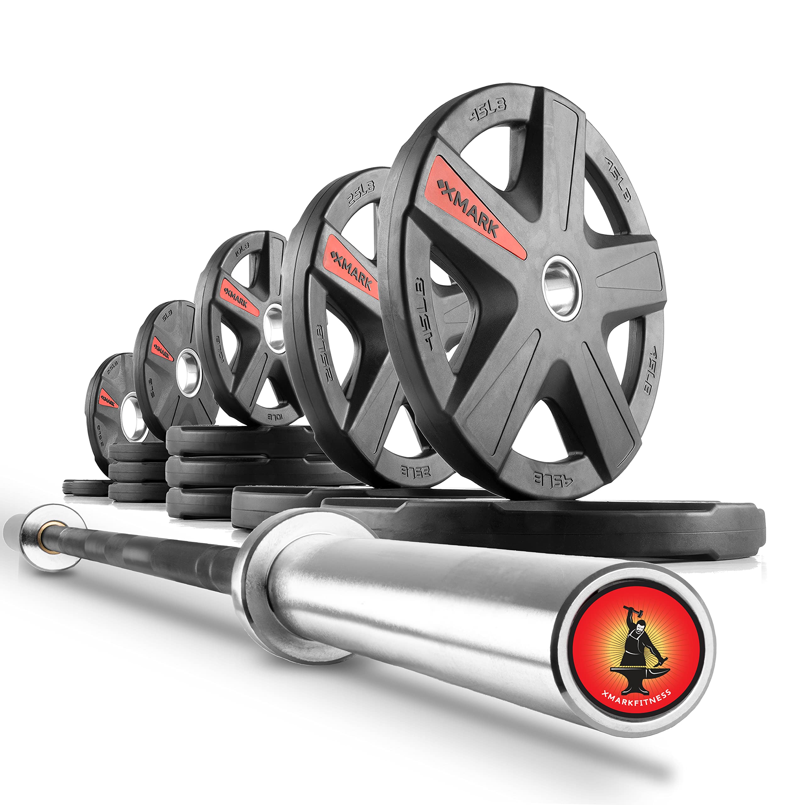 XMARK Olympic Weight Set - Rubber-Coated Texas Star Barbell Set with XMARK BLACKSMITH Bar for Strength Training | Home Gym Equipment for Weightlifting, CrossFit & Powerlifting