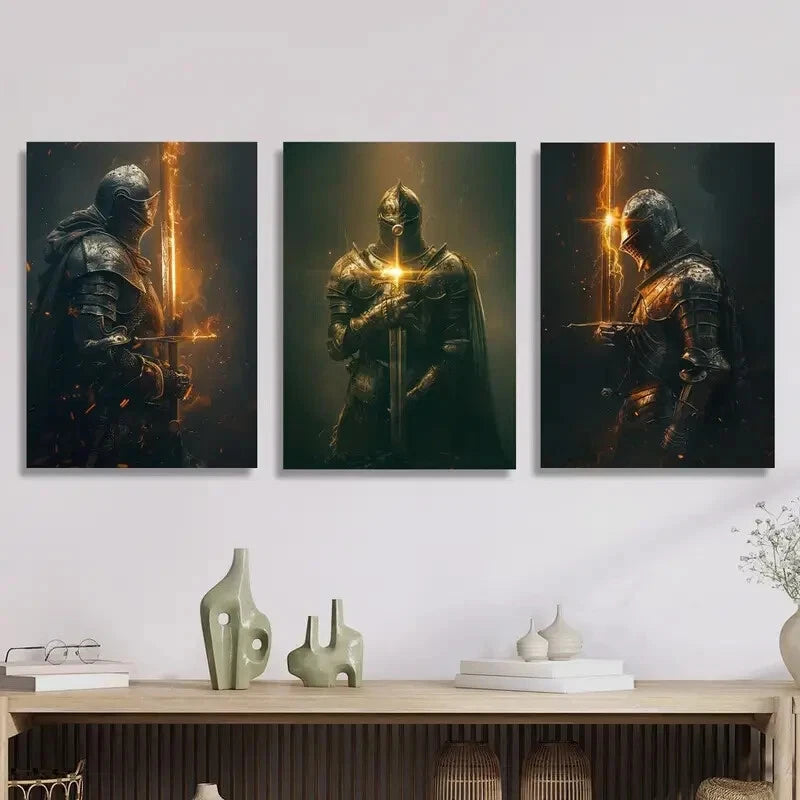 3-Piece Flame Knight Full Armor Metal Wall Art - Ready to Hang Medieval Knight Decor for Living Room, Bedroom & Office