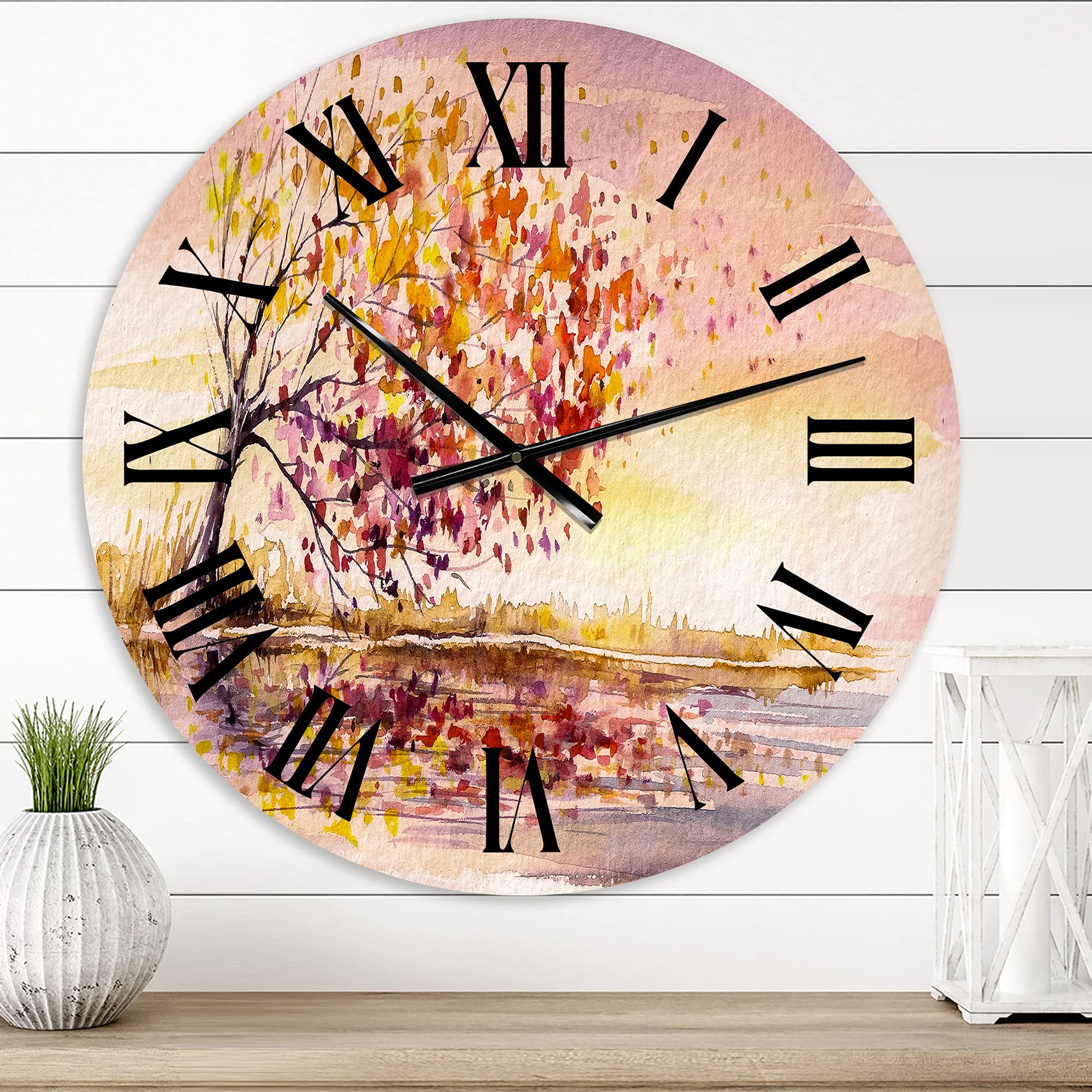 DesignQ Traditional Wall Clock - Yellow and Orange Autumn Tree Landscape, Large Decorative Clock for Kitchen, Living Room, Bedroom & Office | Nature-Inspired Home Decor
