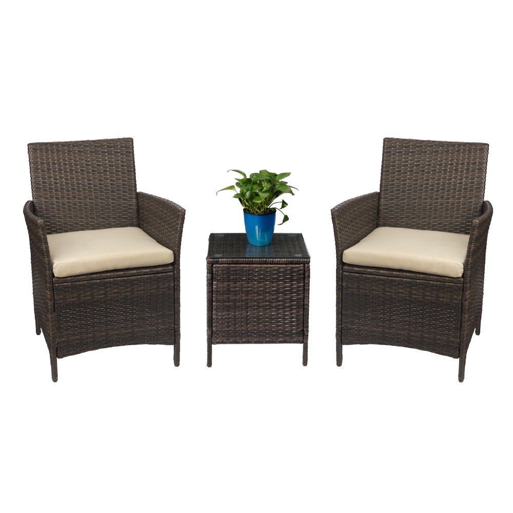 Devoko 3-Piece PE Rattan Wicker Patio Furniture Set - Outdoor Garden Chairs with Coffee Table, Weather-Resistant Brown/Beige Porch Seating for Backyard, Poolside & Balcony Relaxation