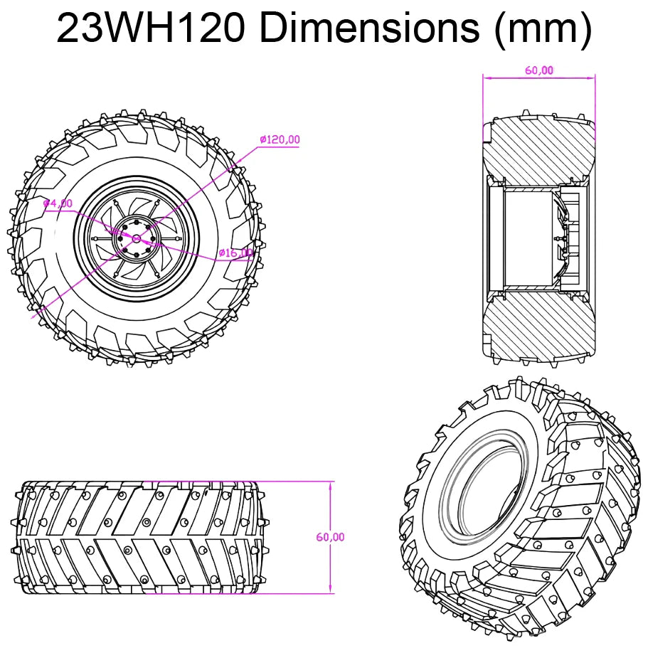 Dagu 120mm Spiked Rubber Wheel for RC Cars & Robotics - 60mm Width, 4mm Axle (RS003CS) - Perfect for Off-Road RC Vehicles, Robot Combat & DIY Projects