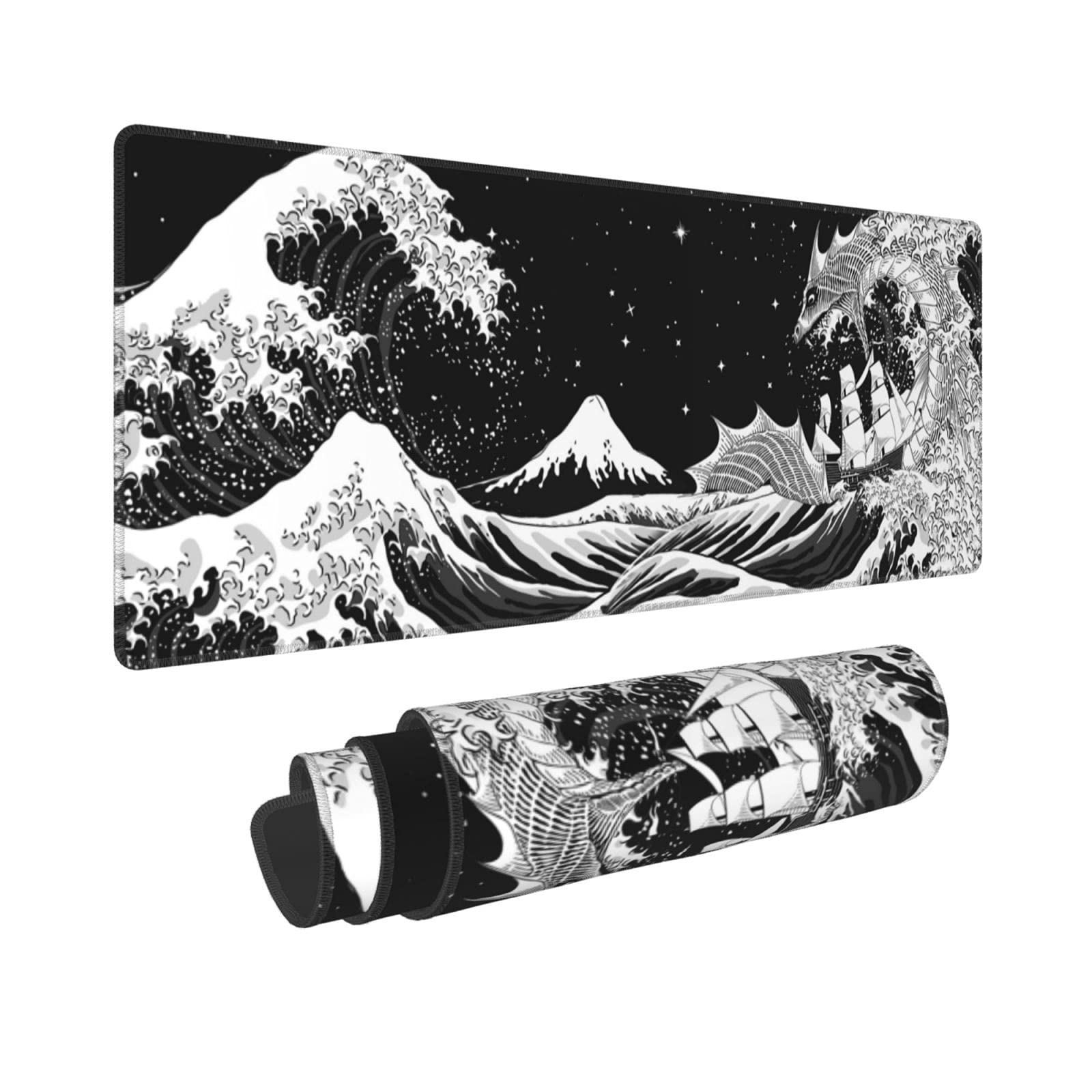 Japanese Waves & Sea Dragon Gaming Mouse Pad - Black & White XL Extended Large Mouse Mat (31.5