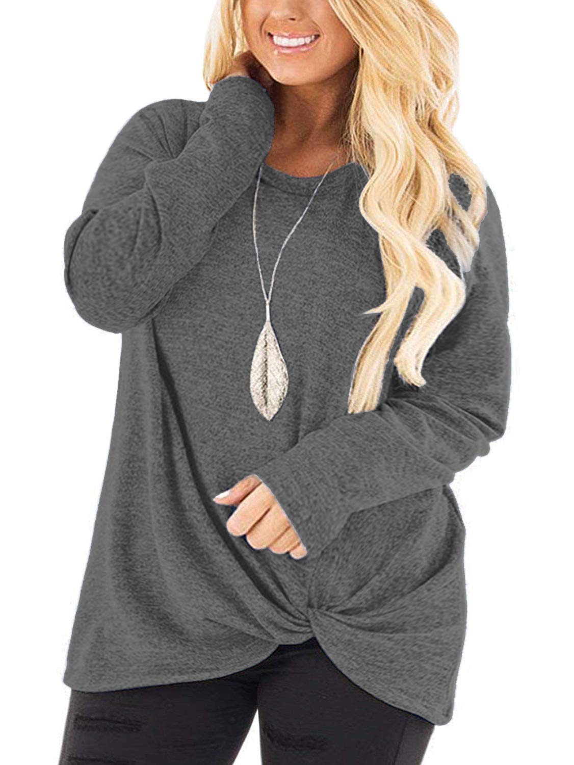 DOLNINE Women's Plus Size Knotted Long Sleeve T-Shirt - Loose Casual Blouse for Everyday Wear, Work & Outings