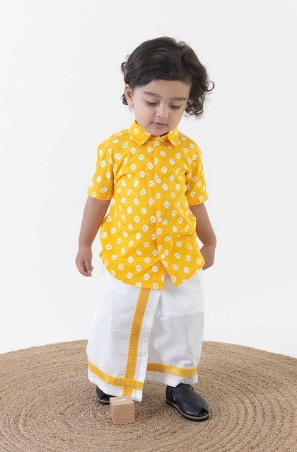 Pre Order: Stylish Boy Bandhani Print Cotton Mundu Shirt Set in Yellow | Indian Ethnic Wear for Kids | Perfect for Festivals, Weddings & Cultural Events