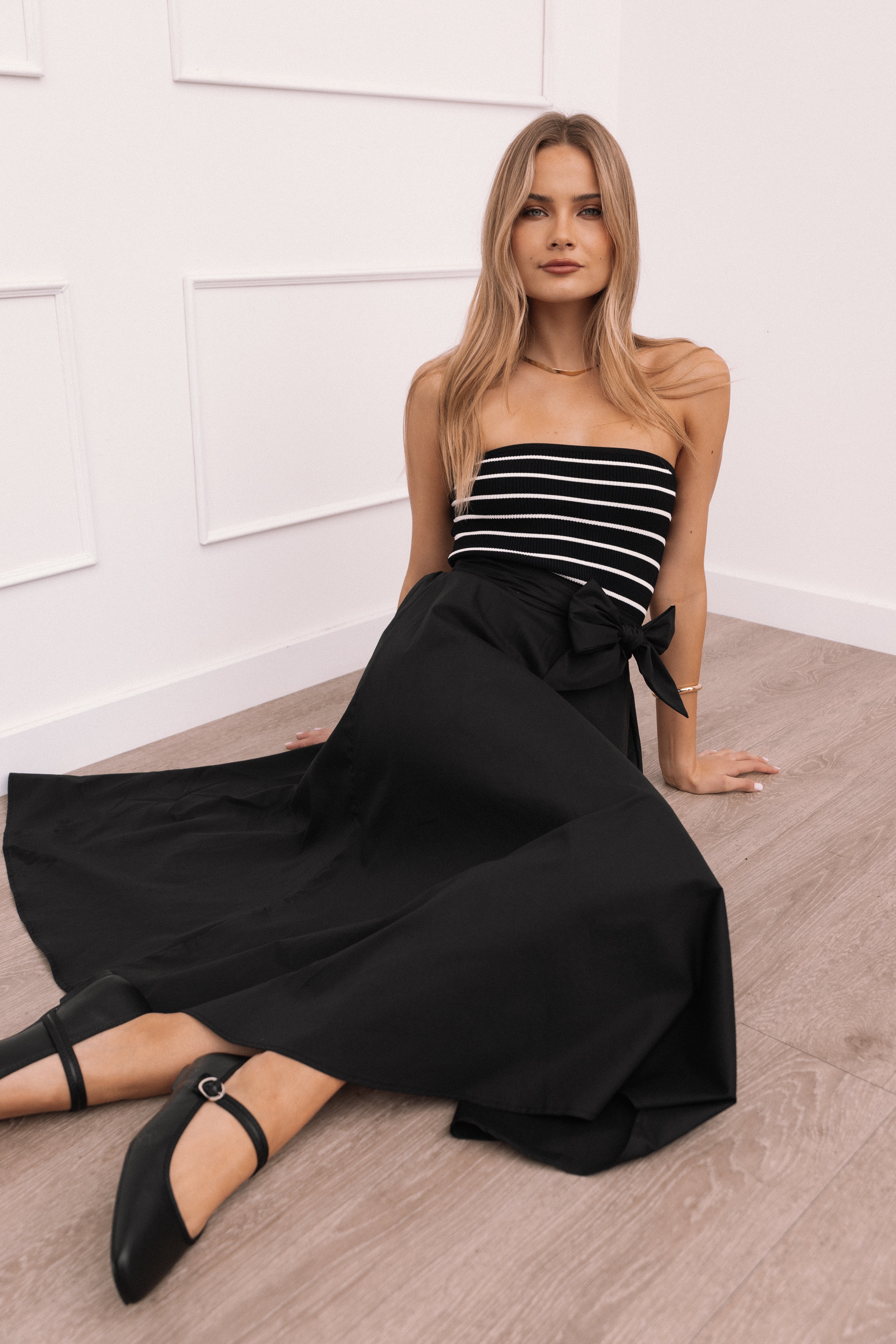 Alessandra Black Midi Skirt for Women - Elegant Knee-Length Flowy Skirt for Office, Party & Casual Wear