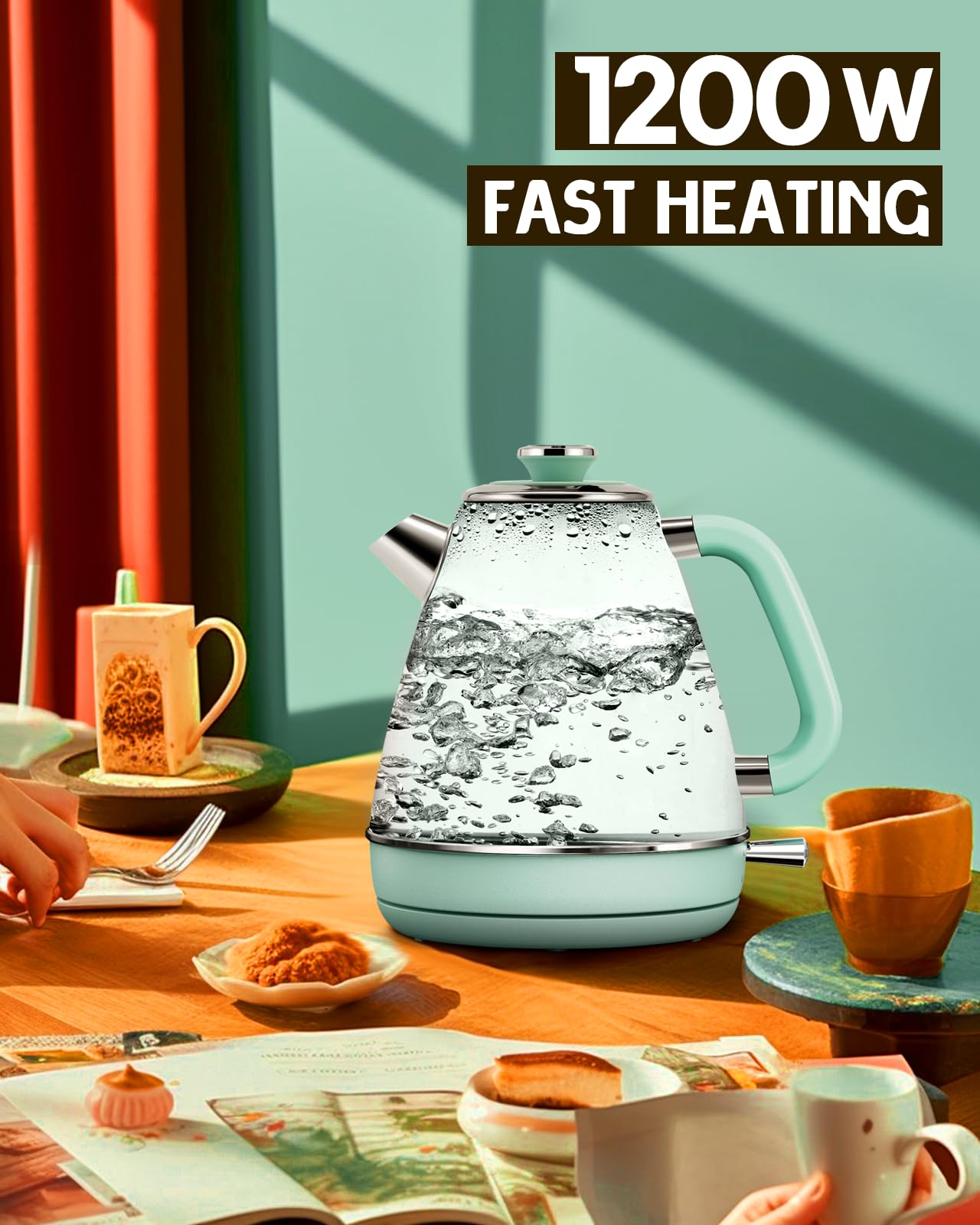 Hazel Quinn Retro Electric Kettle 1.7L (57.5oz) - Stainless Steel Fast Boiling Tea Kettle with Thermometer, 1200W, BPA-Free, Cordless & Auto Shut Off - Perfect for Home, Office & Tea Lovers (Mint Green)