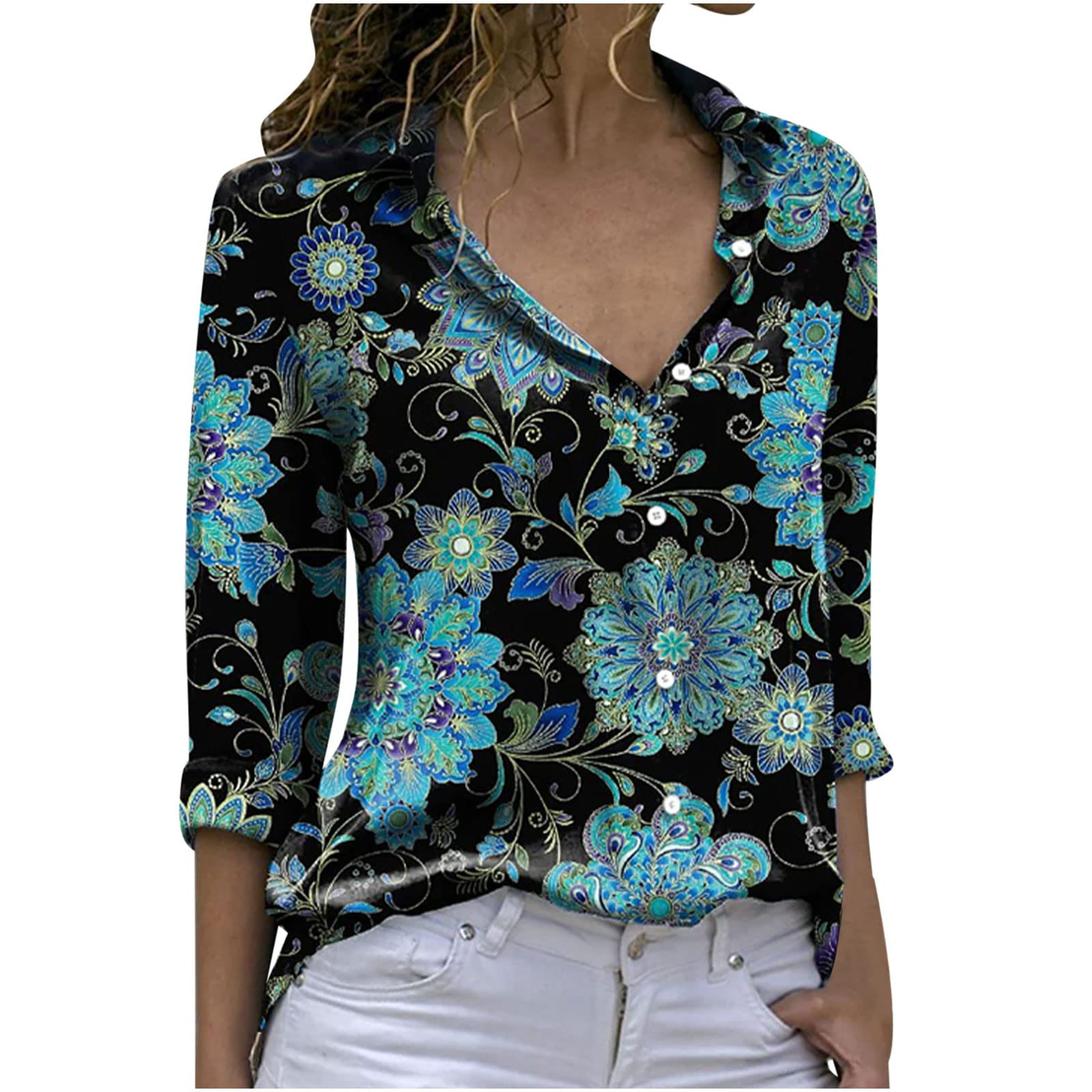 Boho Button Down Shirts for Women - Floral V Neck Long Sleeve Blouses & Casual Tops | Perfect for Summer Festivals, Beach Vacations and Boho-Chic Outfits