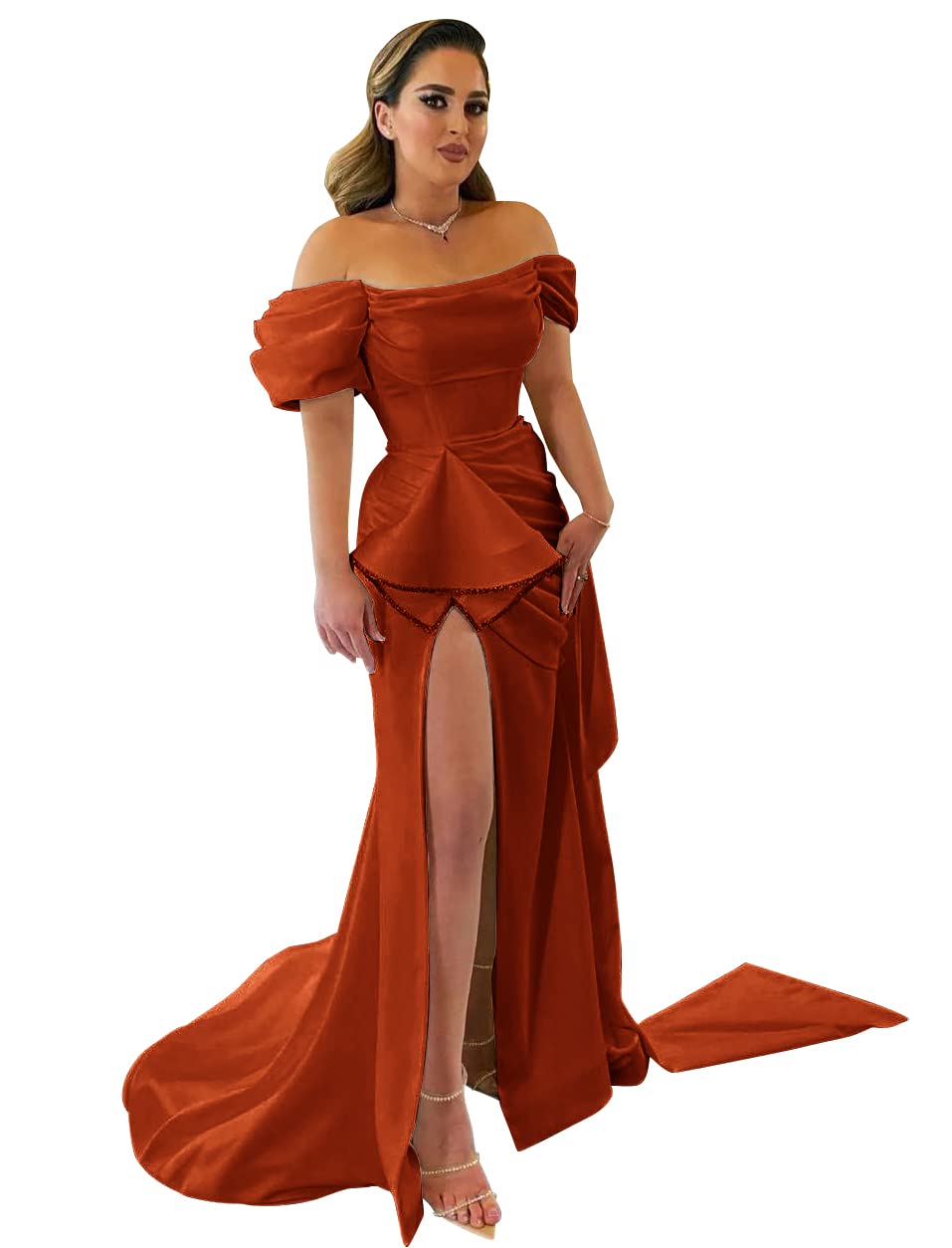 Elegant Off-Shoulder Beaded Puffy Sleeve Mermaid Prom Dress - Satin Long Evening Gown with High Slit for Women | Perfect for Formal Weddings, Galas & Special Occasions 2023