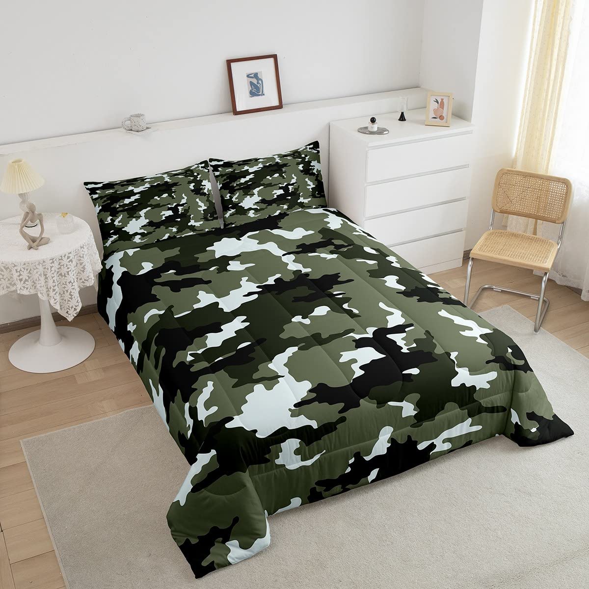 Feelyou Army Camouflage Comforter Set for Kids & Teens - Boys Military Bedding Set with 2 Pillowcases, Queen Size 3Pcs (Army Green) - Perfect for Boys' Room Decor, Camping Theme Bedrooms & Military Enthusiasts