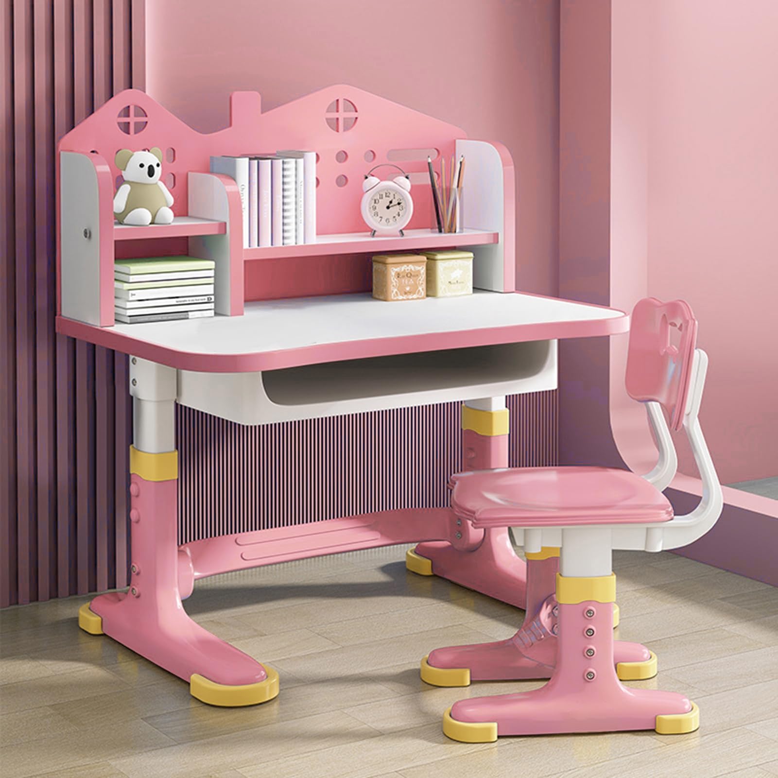 Adjustable Kids Desk and Chair Set with Storage - Ergonomic Study Desk for Children, Height-Adjustable Writing Table with Drawers & Cartoon Design - Perfect for Homework, Drawing & Online Learning (Pink)