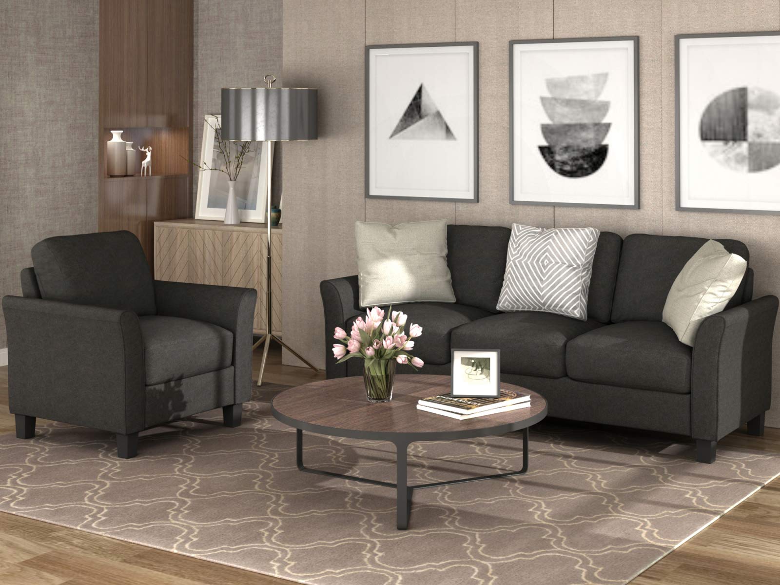 PovKeever Modern Living Room Furniture Set - Black Upholstered Chair & 3-Seater Sofa for Home Theater, Lounge & Family Room Decor