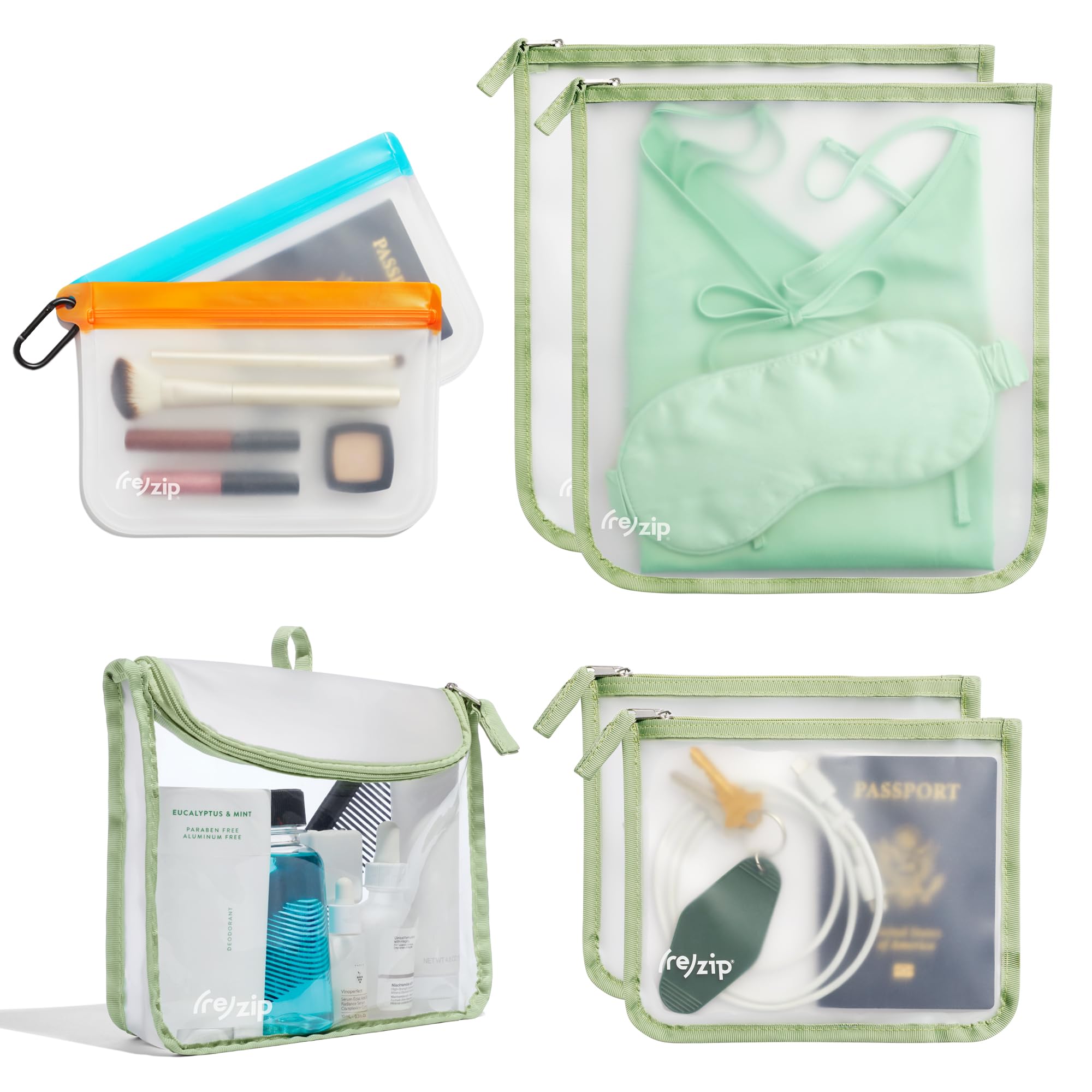 (re)zip Ultimate TSA Approved Travel Kit - 7-Piece Set with TSA-Compliant Quart & Gallon Bags, Zippered Pouches & Carabiner Clips | Perfect for Air Travel, Toiletries Organization, Snack Storage & Document Protection