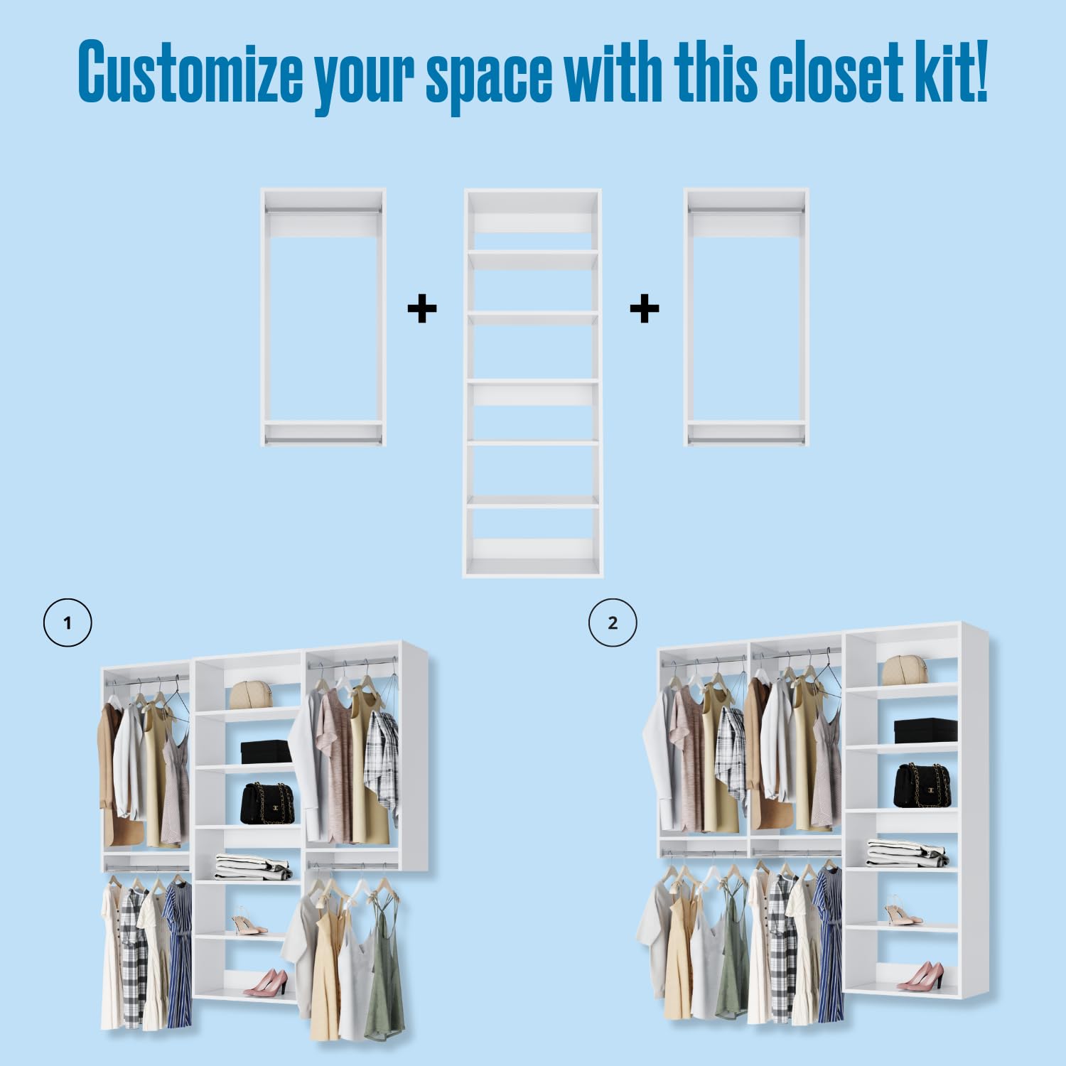 Space-Saving Corner Closet Organizer Kit with Adjustable Hanging Rods & Shelves - White Closet Storage System (96