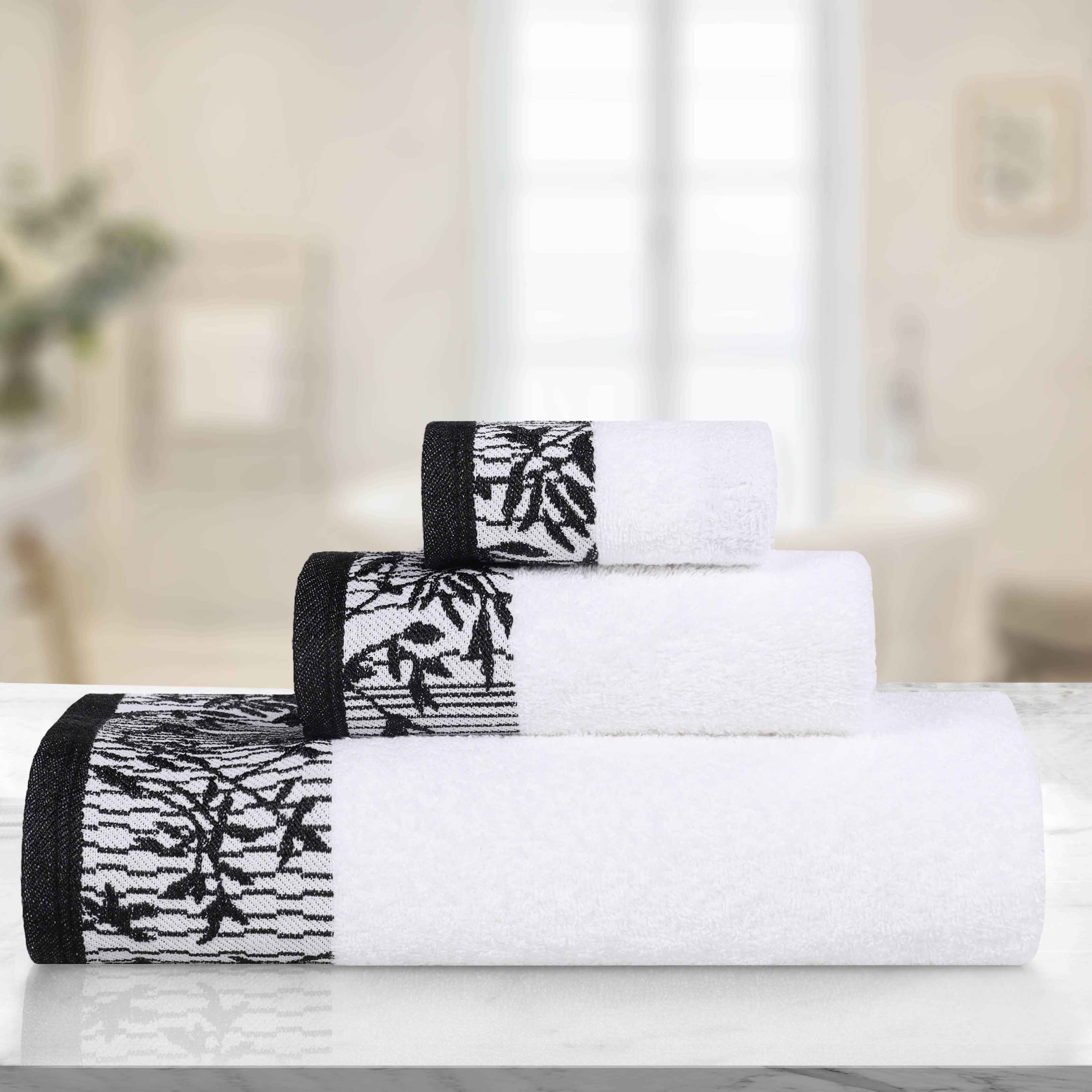 Wisteria Cotton Floral Embroidered Jacquard Border 3-Piece Bath Towel Set - Soft & Absorbent for Bathroom, Spa, and Guest Use
