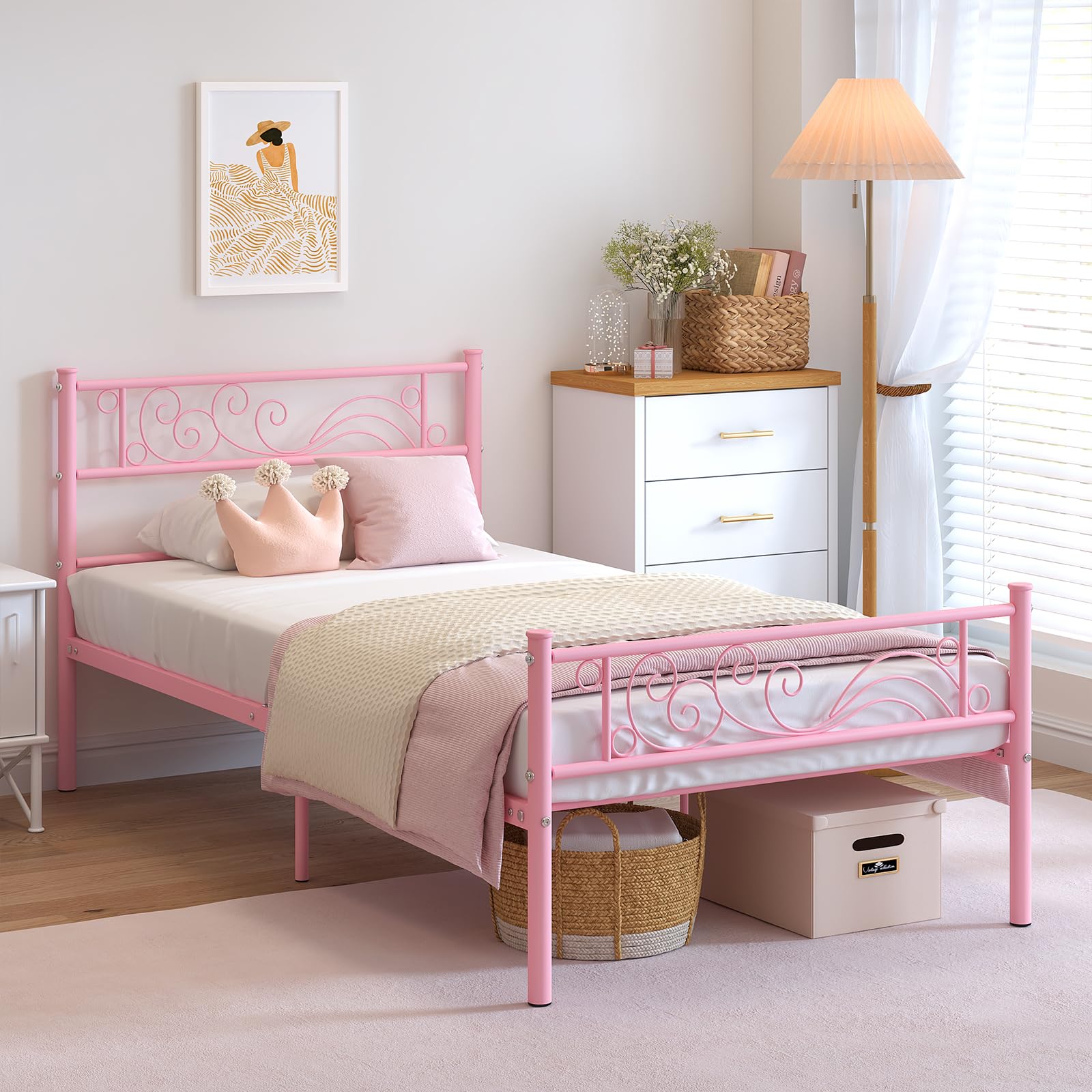 Weehom Twin Bed Frame with Metal Platform & Heavy Duty Steel Slats - Under Bed Storage Solution for Kids Room (Pink) | Space-Saving Bedroom Furniture for Small Spaces & Dorm Rooms
