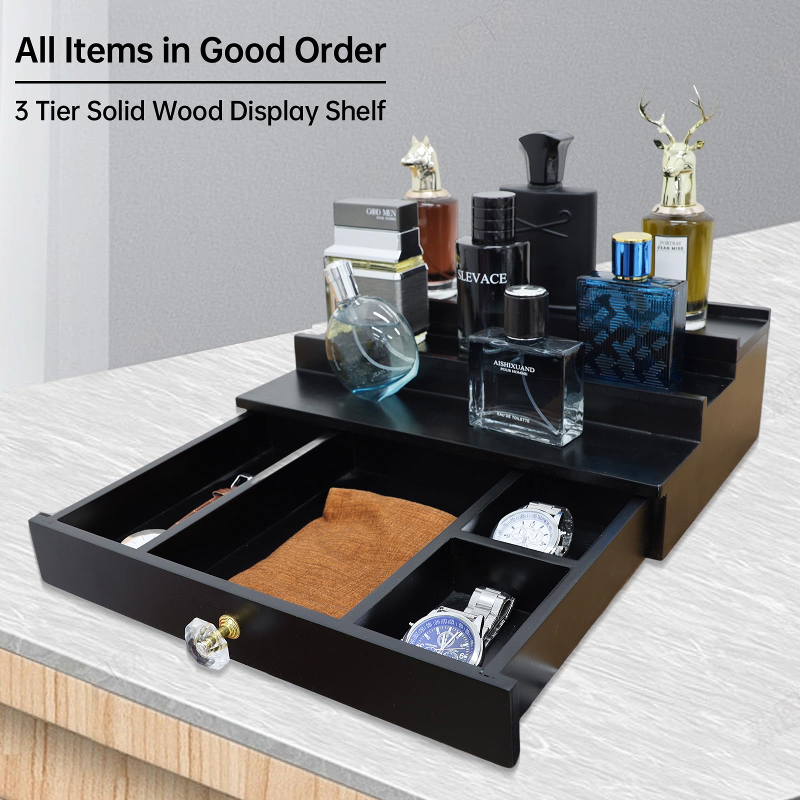 Premium 3-Tier Wooden Cologne Organizer for Men - Black Perfume Display Stand with Storage Drawer, Countertop Organizer & Cologne Holder - Perfect Gift for Dresser, Bathroom, or Vanity Organization