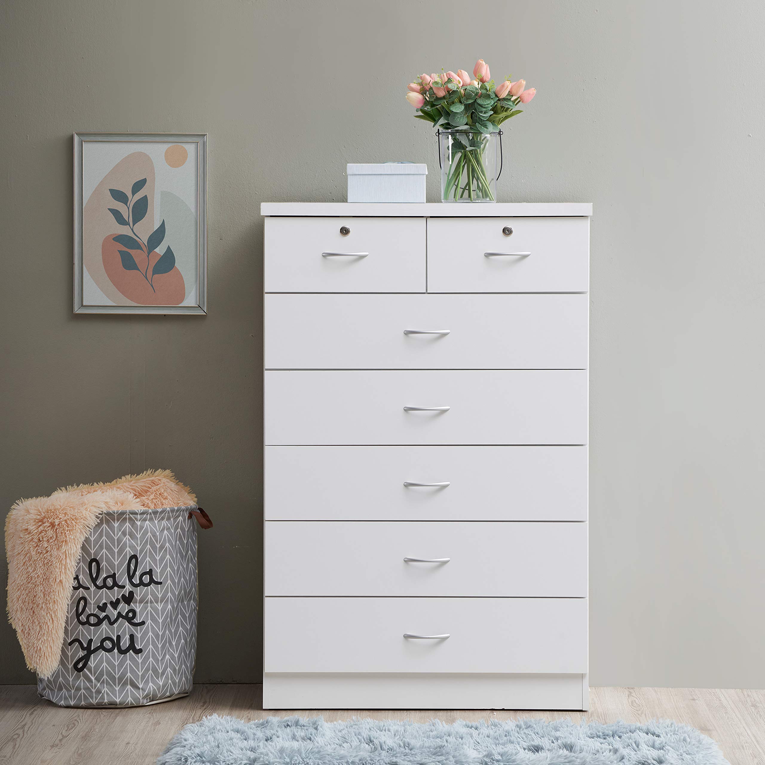 HODEDAH 7-Drawer Wood Dresser for Bedroom - 31.5 Inch Wide Chest of Drawers with Locking Top Drawers - White Storage Organizer for Clothes, Bedroom Furniture & Home Organization