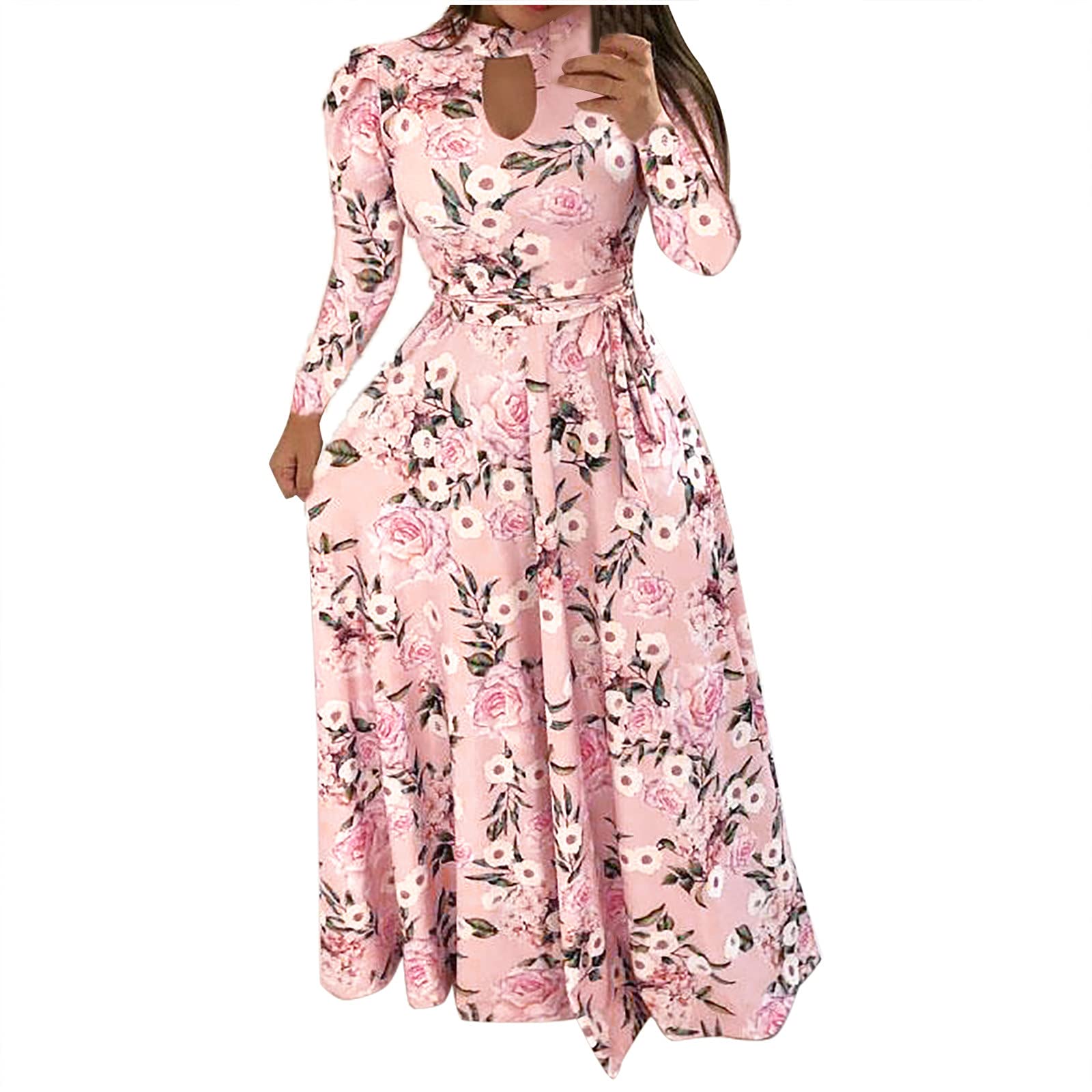 Women's Plus Size O-Neck Print Button Sleeve Bandage Dress - Elegant Long Down Casual Dress for Party, Date Night & Office Wear