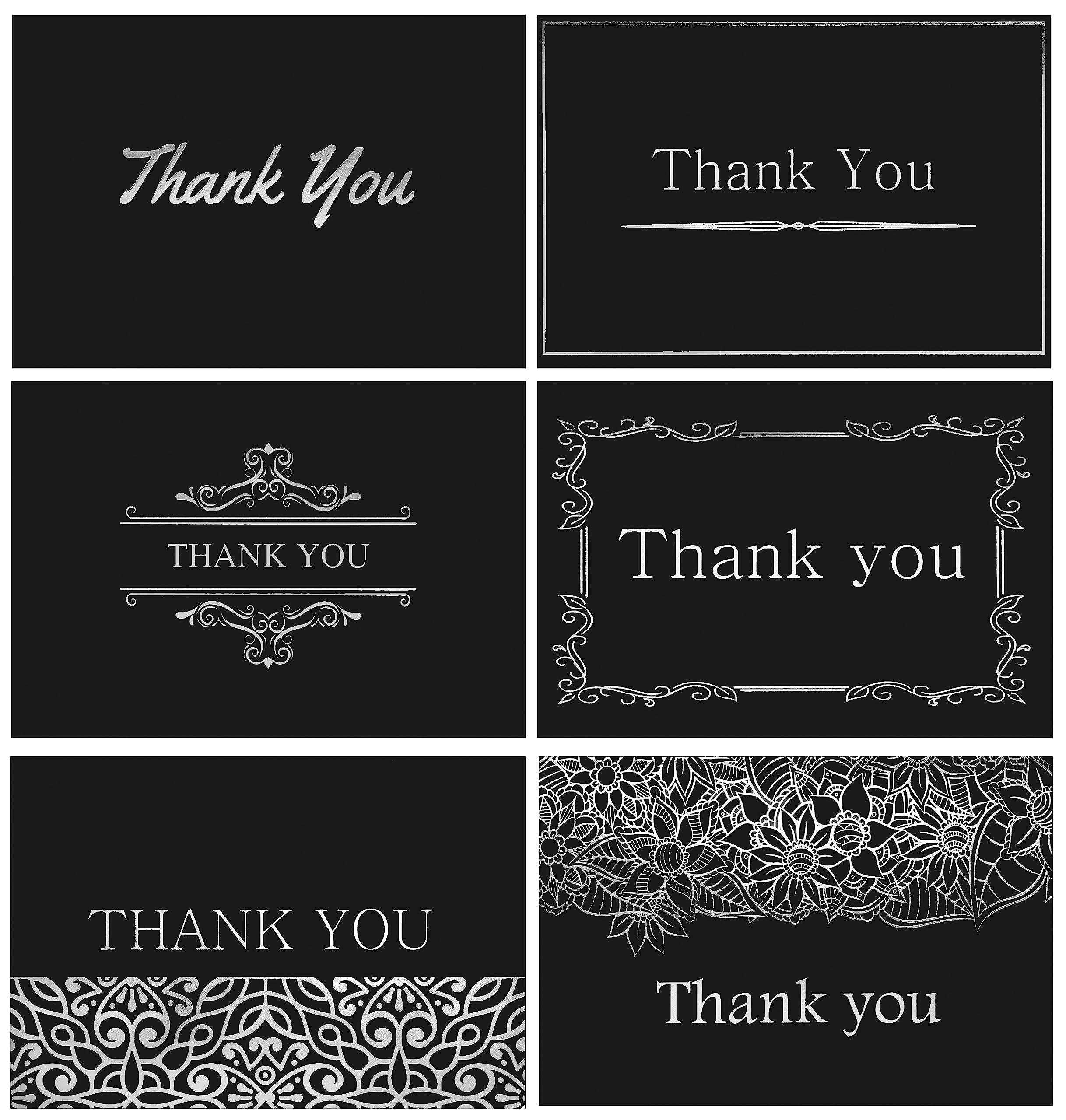 120 Premium Black Thank You Cards with Matching Envelopes & Sealing Stickers - 6 Elegant Embossed Silver Foil Designs on Thick 4x6