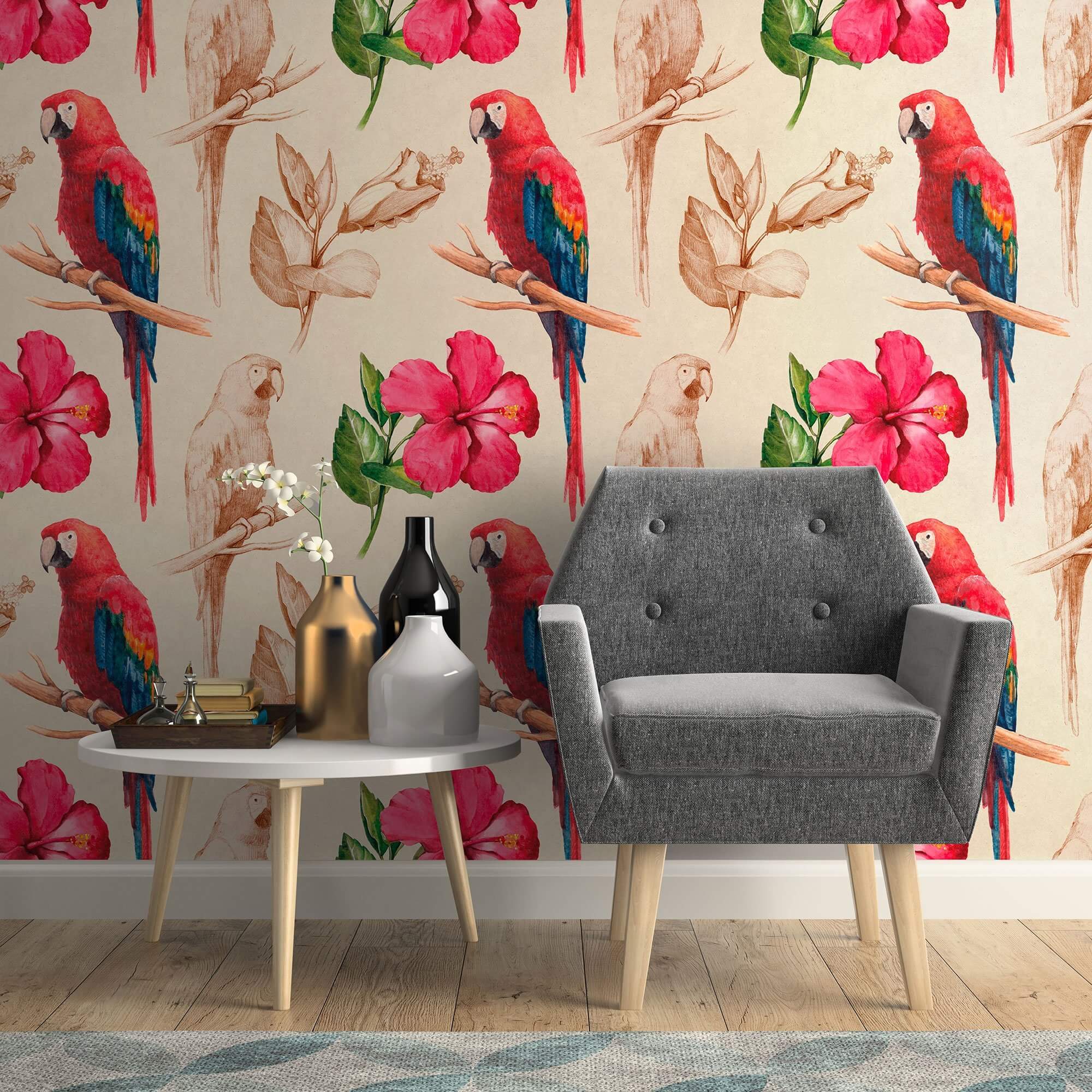 Red and Tan Bird Animal Peel and Stick Removable Wallpaper 2321 - Self-Adhesive Decorative Wall Mural for Nursery, Bedroom, Living Room Decor