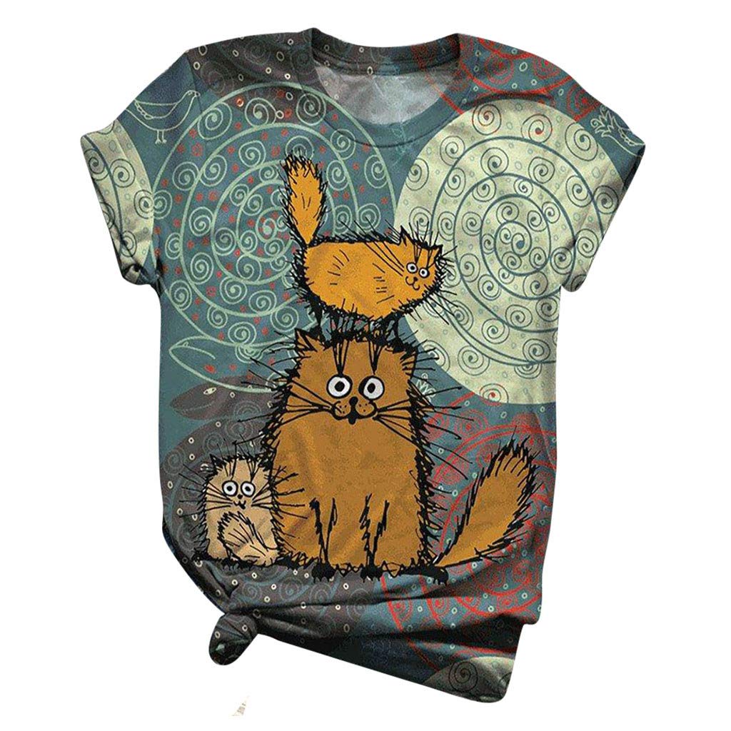 Kamendita Women's Colorblock Cat Graphic Tee - Cute Funny Summer Short Sleeve T-Shirt Pullover Blouse Top for Casual Wear & Street Style