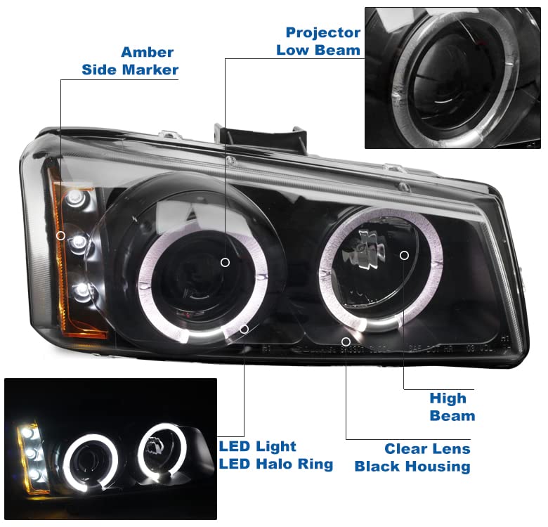 LED Halo Projector Headlights with Bumper Lights - Compatible with 2003-2006 Chevy Silverado & Avalanche - Black Housing for Enhanced Night Visibility & Style (Perfect for Off-Roading & Night Driving)