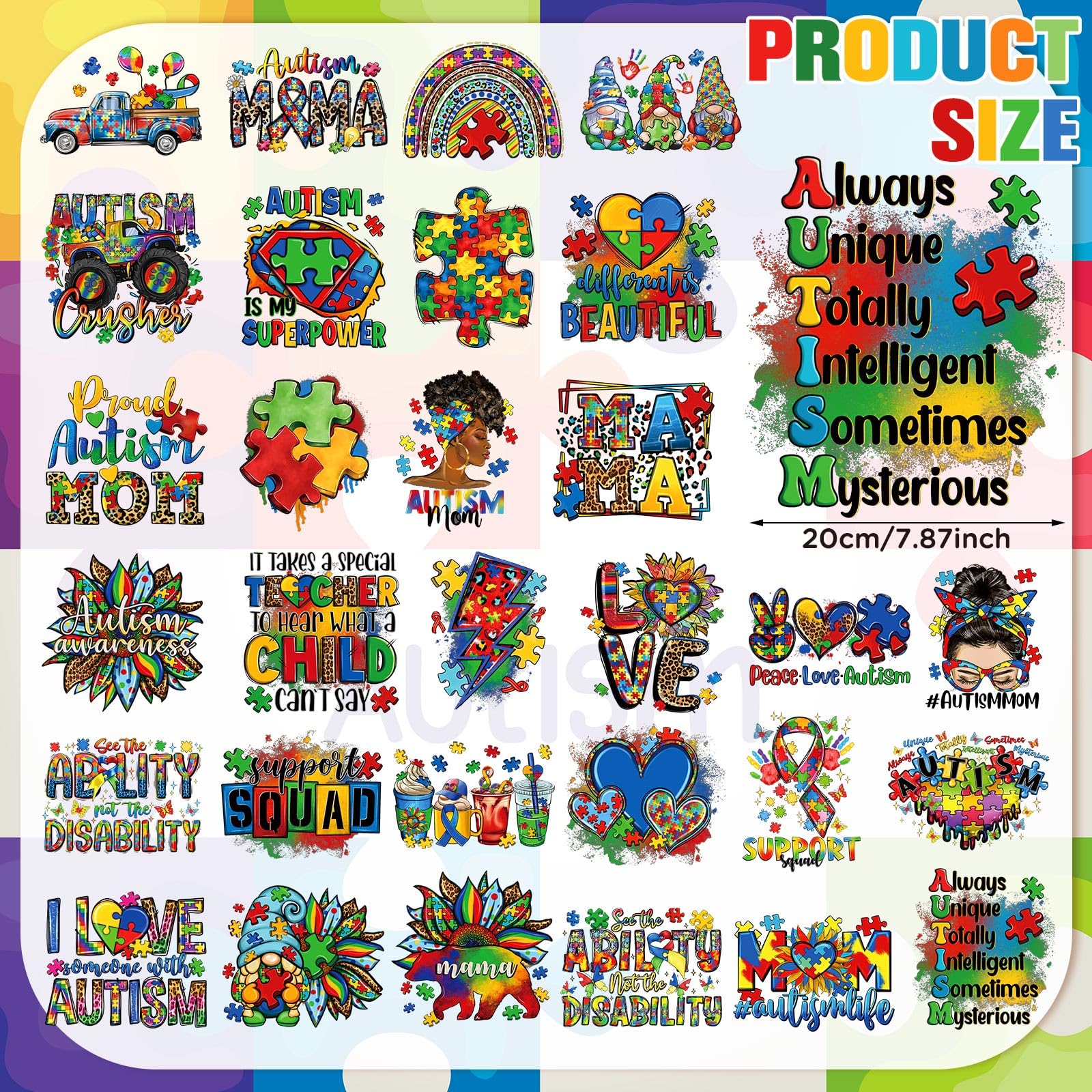30 Pcs Autism Awareness Iron-On Transfers - Puzzle Rainbow Vinyl Patches for Clothes, DIY Heat Stickers for T-Shirts, Bags & Hats - Autism Support & Awareness Decals for Kids & Adults