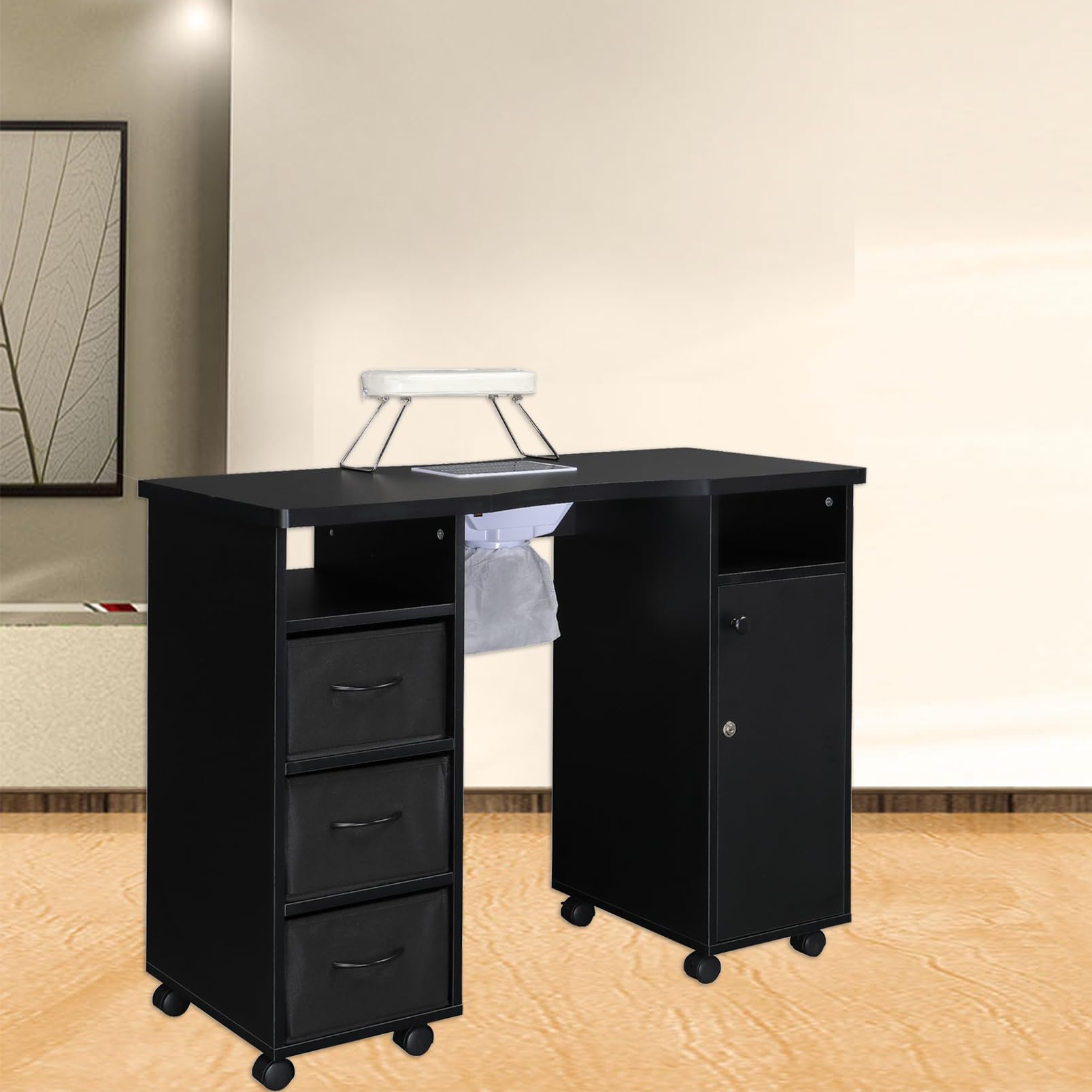 Professional Manicure Table Nail Desk with 3 Drawers, 1 Door, Dust Collector & Arm Rest Cushion - Wooden Beauty Salon Vanity Table for Spa, Home & Nail Technician Workstation - Perfect for Nail Art, Pedicures & Professional Manicures (Black)