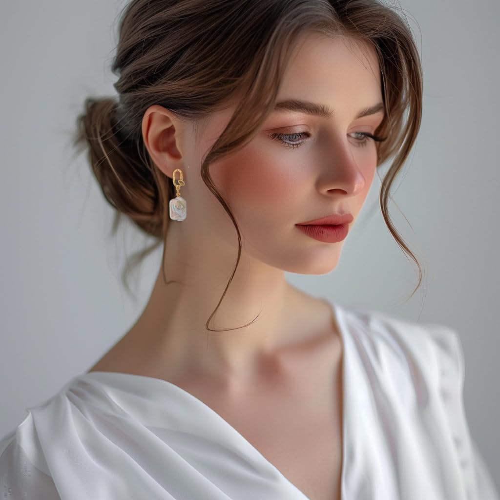 Elegant Baroque Pearl Earrings for Women - Cultured Freshwater Pearl Stud Hoop Square Statement Earrings - 14K Gold Plated Drop Dangle Jewelry - Perfect for Bridal Wedding, Birthday Gifts & Special Occasions