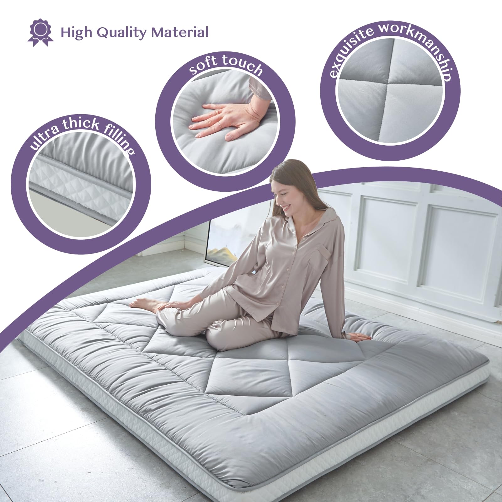 Japanese Floor Mattress Futon - Extra Thick Roll-Up Tatami Mattress Bed Topper | Guest Bed, Lounger & Travel Mattress | Queen Size Gray | Perfect for Small Spaces, Camping & Home Yoga
