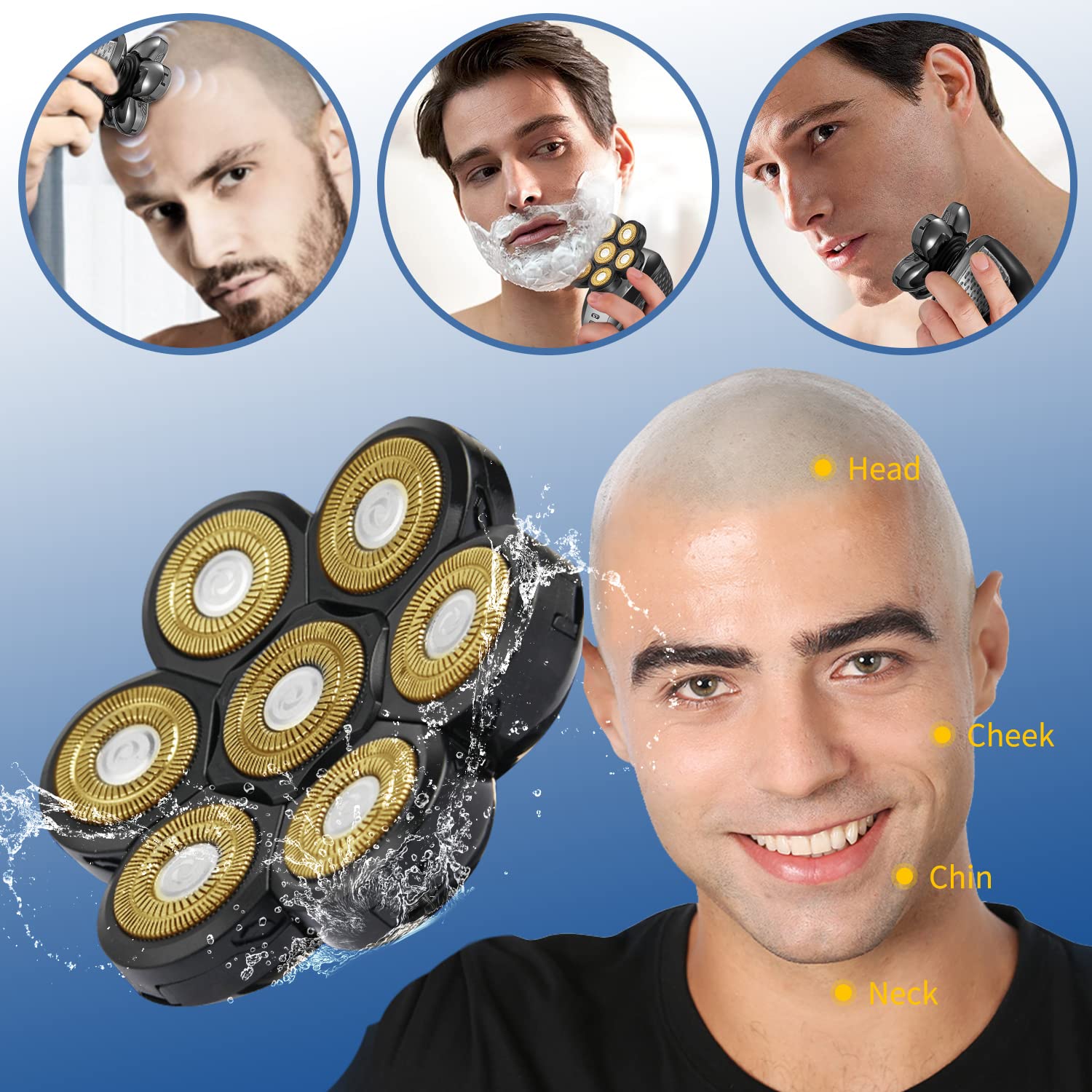 Upgraded 7D Electric Shaver Replacement Head for Men - Wet & Dry Floating Razor Blades for Bald Shaving - Gold Replacement Heads for Close Shave - Perfect for Travel, Gym & Daily Grooming