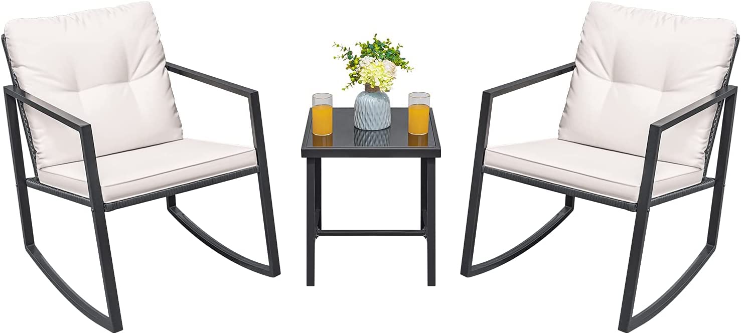Greesum 3-Piece Wicker Patio Furniture Set - Outdoor Rocking Bistro Chairs with Glass Coffee Table, Beige - Perfect for Porch, Garden, and Backyard Relaxation