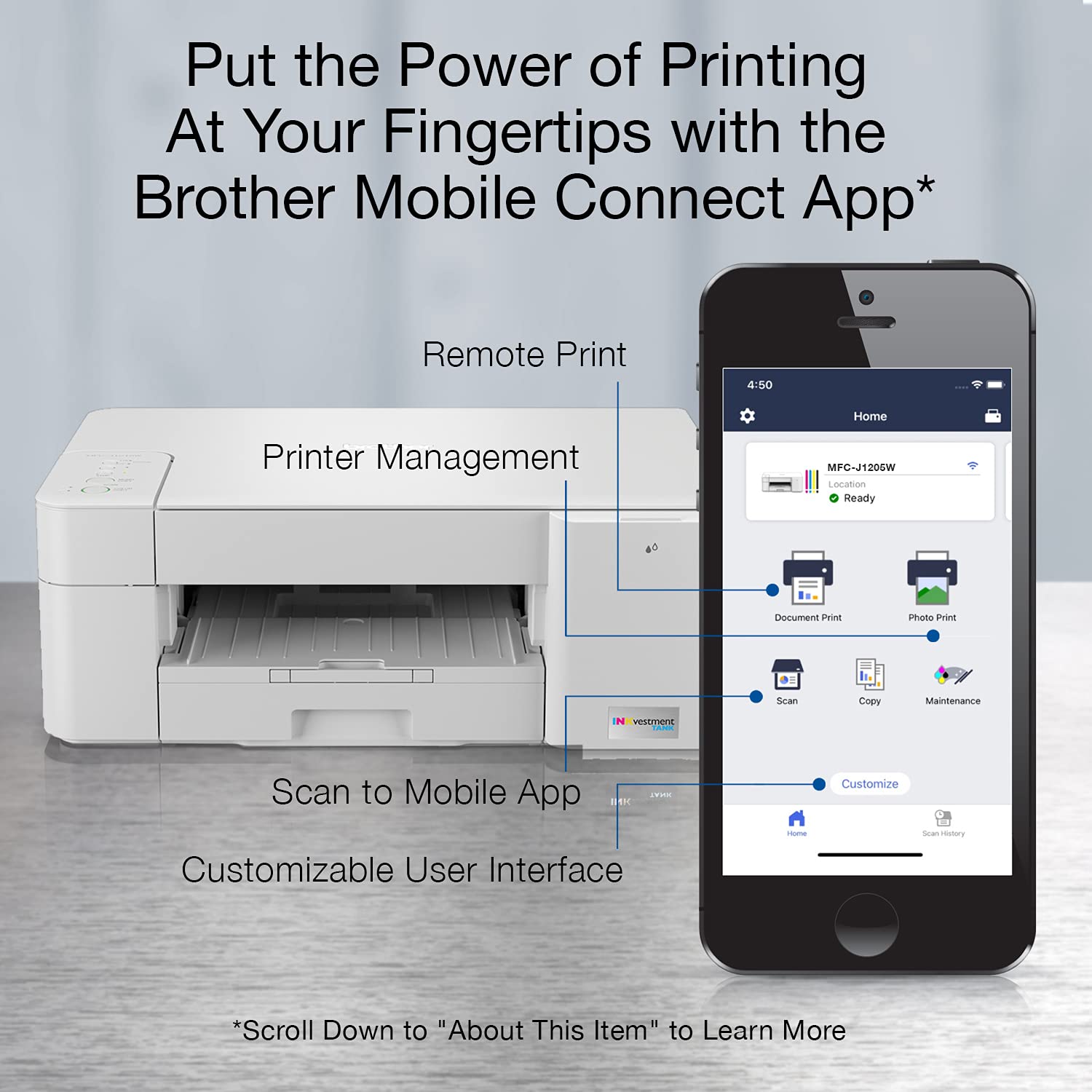 Brother MFC-J1205WXL INKvestment Tank Wireless All-in-One Color Inkjet Printer - 2 Years Ink Supply, Mobile Printing, Copy & Scan - Perfect for Home Office & Small Business Printing Needs