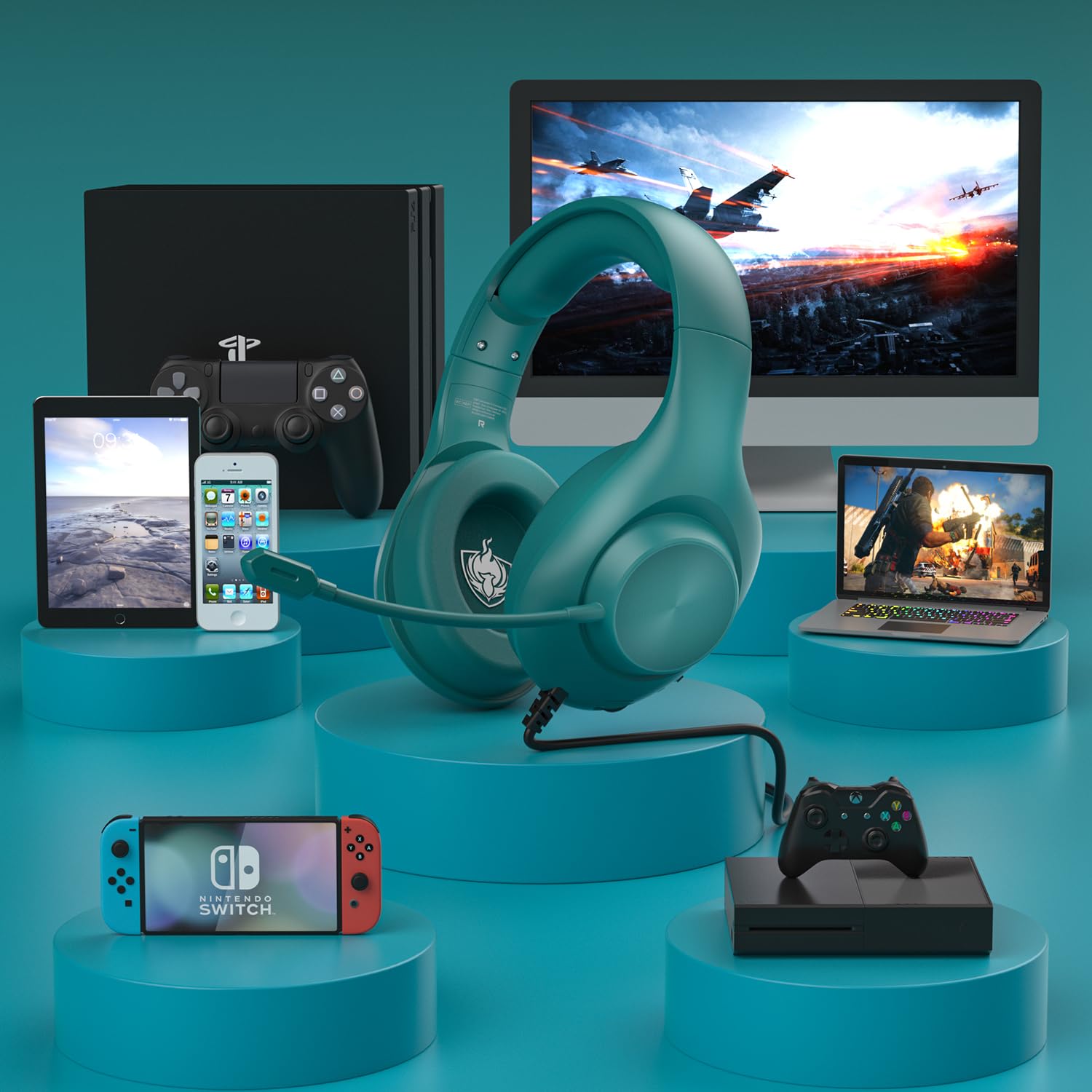YOTMS Gaming Headset for PS5 - Wired Over-Ear Headphones with 7.1 Surround Sound, Noise Cancelling Mic & Memory Foam Earmuffs - Compatible with PC/PS5/PS4/Xbox Series X/S/Nintendo Switch (Green) - Perfect for Competitive Gaming & Immersive Audio Experience