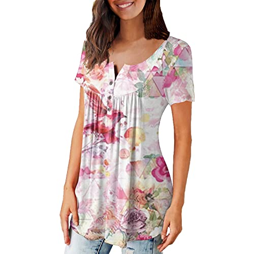 Women's Casual Tops - Short Sleeve Tunic Blouses with Ruched Detail & Button Up Design for Leggings | Perfect for Everyday Wear, Office Outfits & Weekend Comfort