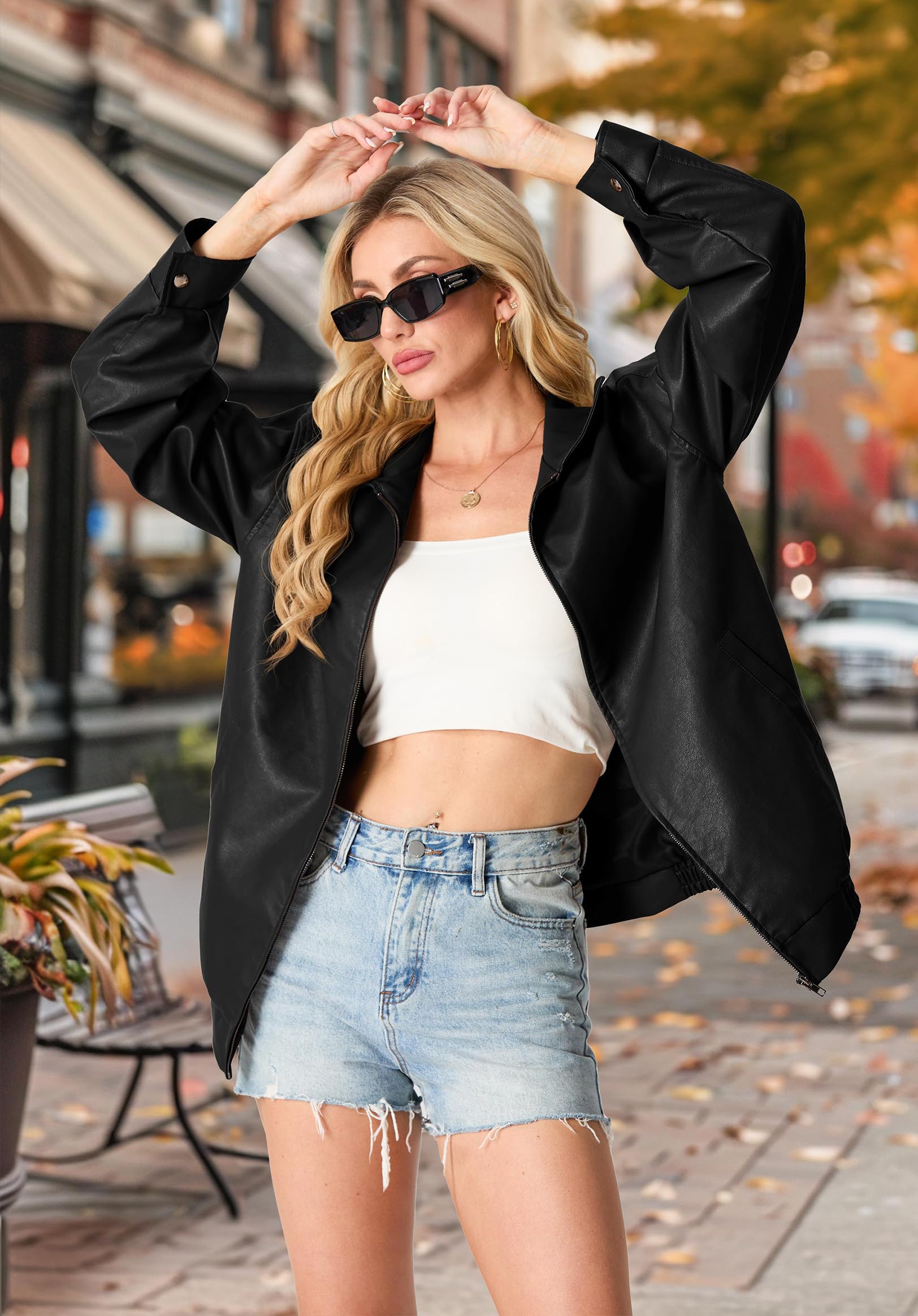 Lepunuo Women's Oversized Faux Leather Moto Biker Jacket - Stylish Y2K Streetwear Coat for Fall & Winter Fashion | Perfect for Casual Outings, Nightlife, and Urban Street Style