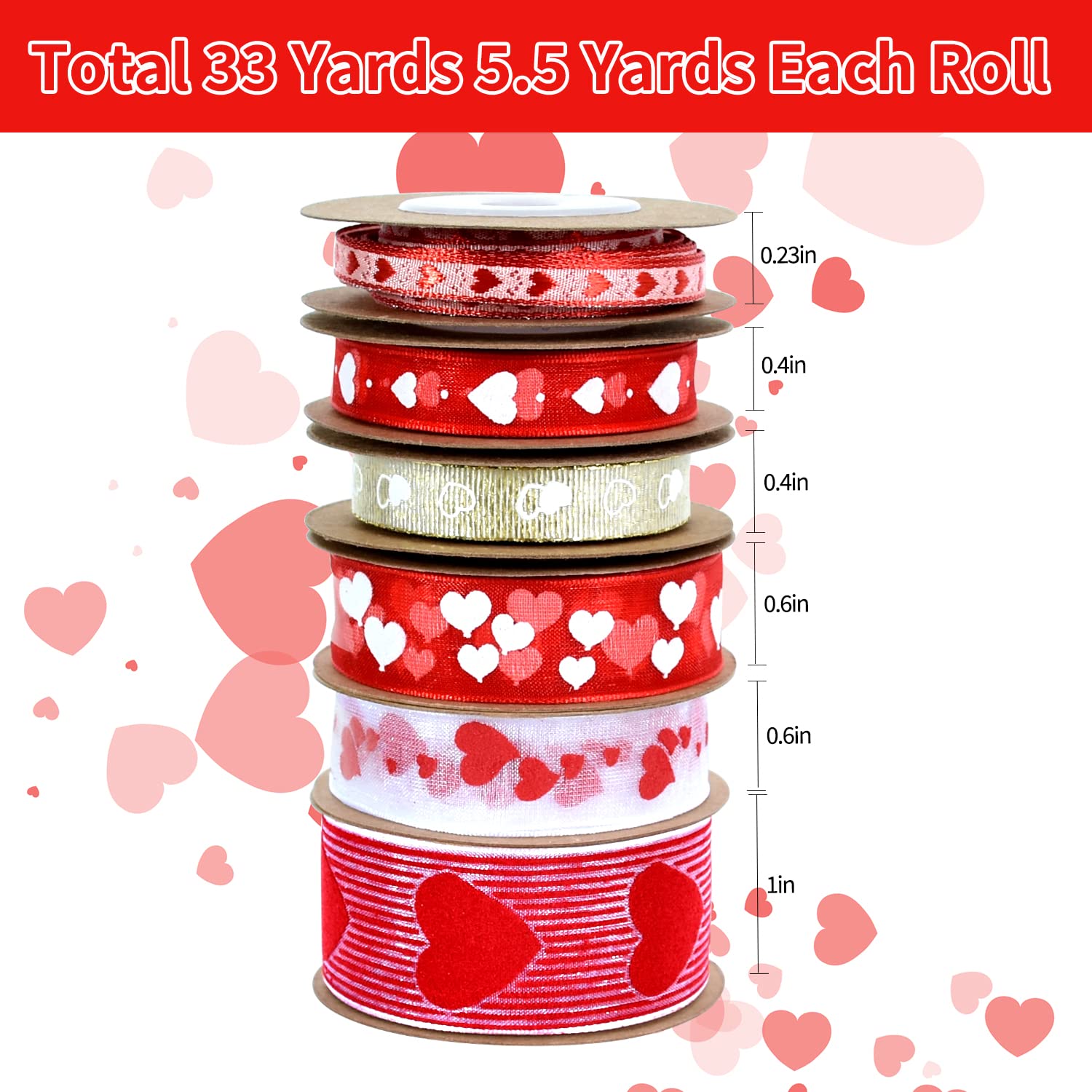 6 Rolls Red Love Heart Ribbon - 33 Yards Red & Pink Grosgrain Organza Ribbon for Gift Wrapping, DIY Crafts, Wedding Decorations, Party Favors, Scrapbooking & Valentine's Day Gifts