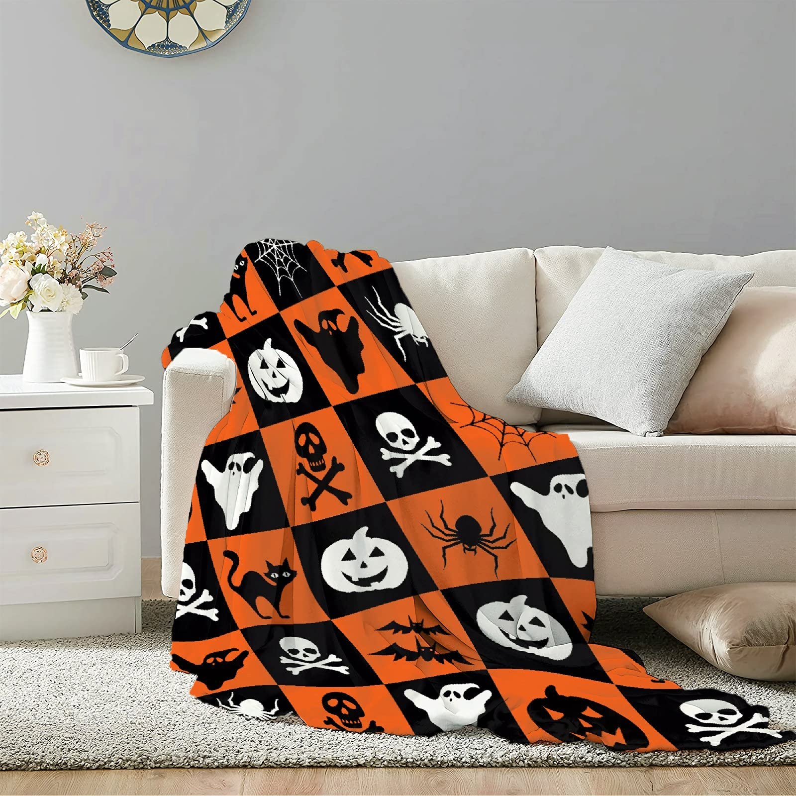 Halloween Throw Blanket - Spooky Spider Skull Web Design with Bats & Ghosts - Ultra Soft Warm Flannel Blanket (90x120 Inches) - Orange & Black Cozy Bedding for Couches, Beds, Halloween Decor - Anti-Pilling & Machine Washable - Perfect for Fall Season, Movie Nights & Holiday Gift