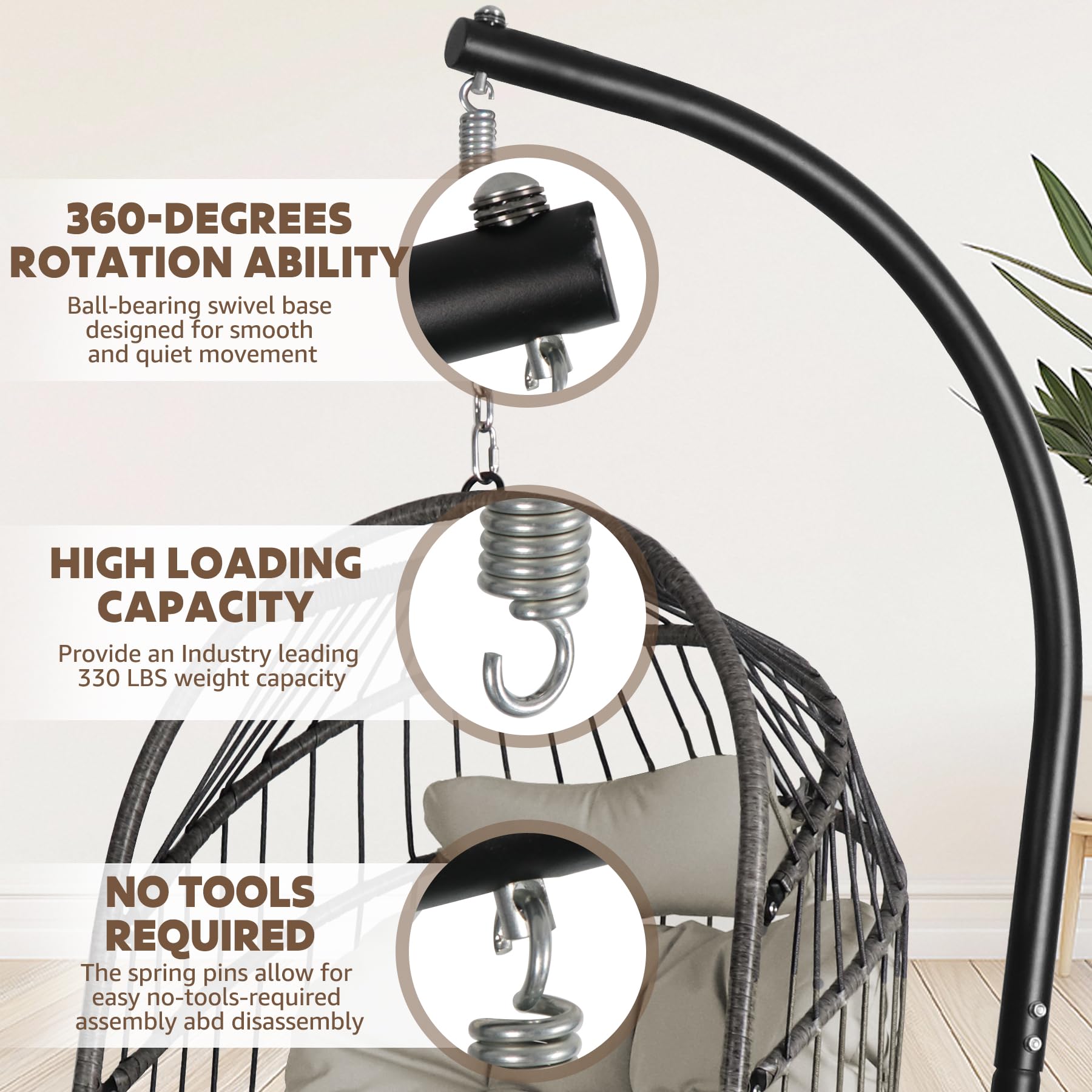Chihee Foldable Wicker Rattan Swing Egg Chair with Stand & Cushion - 330 lbs Capacity Indoor/Outdoor Hanging Chair for Patio, Balcony, Porch, Bedroom & Garden - Perfect for Relaxing, Lounging & Reading