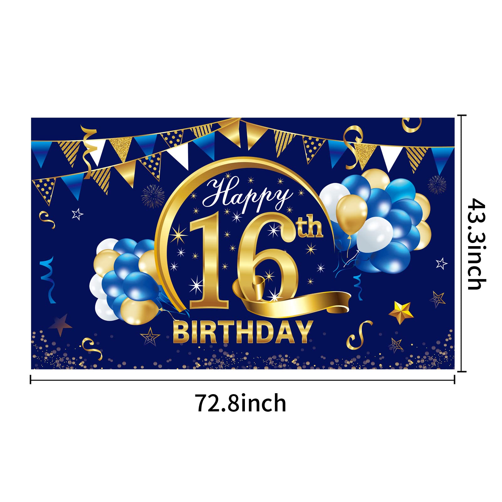 Blue & Gold 16th Birthday Banner Decorations for Boys - Happy Sixteen Party Backdrop, Photo Props & Sign - Perfect for Sweet 16 Celebrations, Teen Parties & Photo Booths