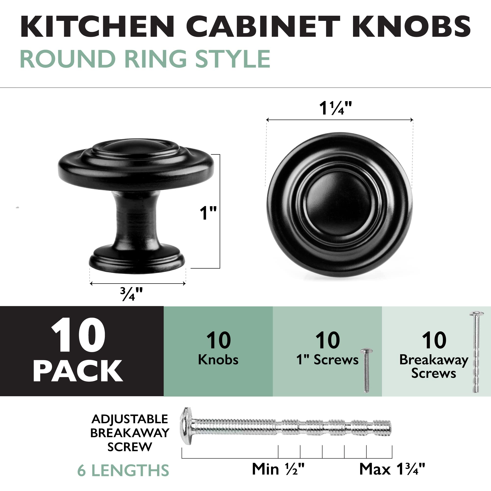 Ilyapa 10-Pack Flat Black Kitchen Cabinet Knobs - 1.25 Inch Round Ringed Drawer Pulls - Durable Cabinet Hardware for Modern Kitchens, Bathrooms & Furniture