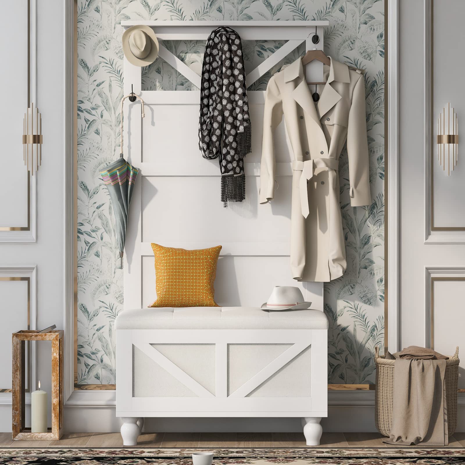 Takefuns 3-in-1 Wooden Entryway Storage Bench with 5 Hooks - Hall Tree Coat Rack & Shoe Storage for Living Room, Hallway, Mudroom - Perfect for Organizing Shoes, Coats & Bags in Small Spaces