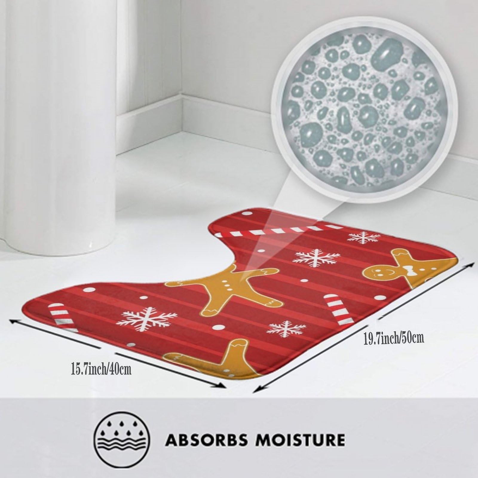 Christmas Red Gingerbread Cookies Candy Canes Bathroom Rug Set - 3 Piece Non-Slip Bath Mats for Bathroom, Bedroom & Kitchen - Holiday Decor Bath Rugs for Festive Home Decor