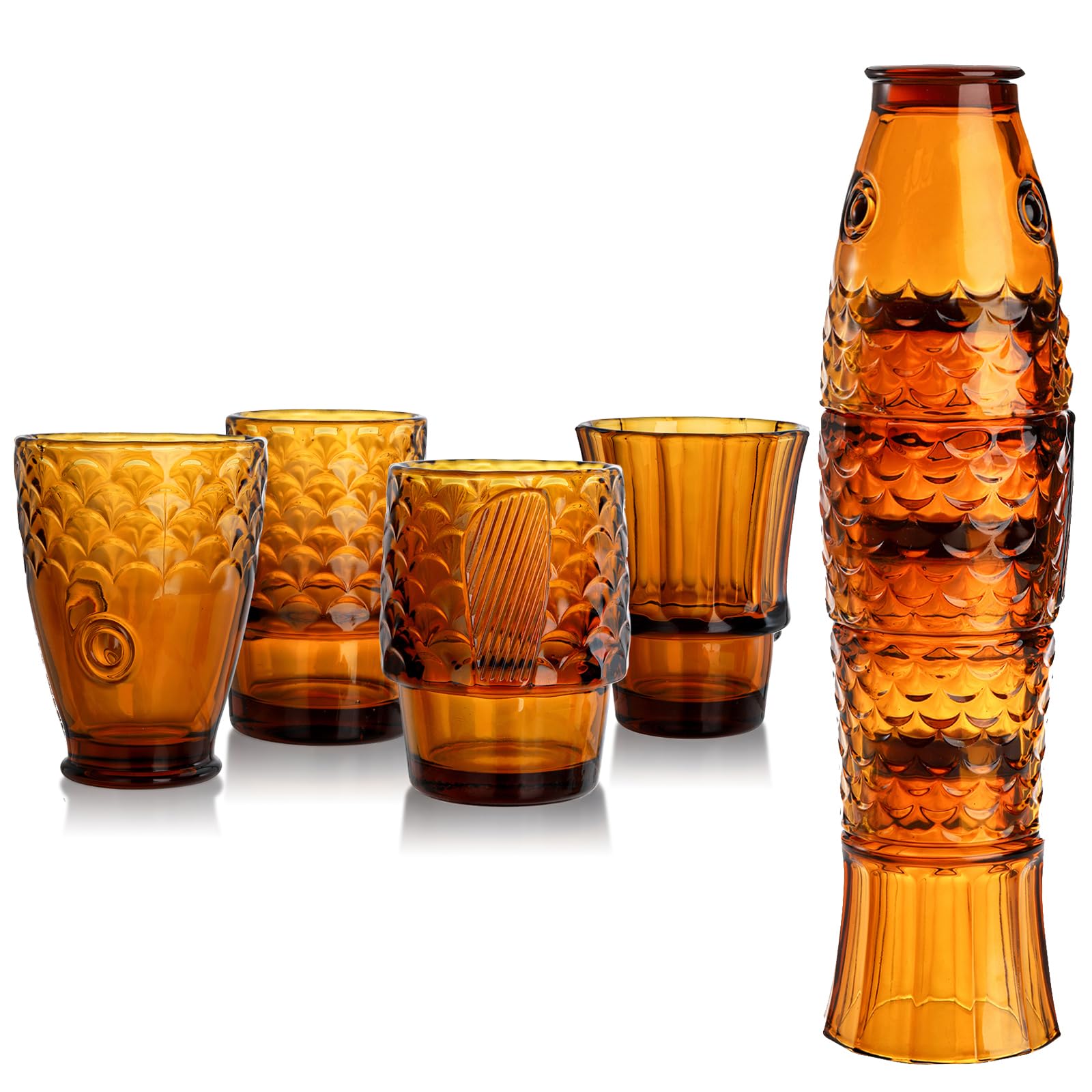 Set of 4 Koi Fish Design Stackable Amber Tumbler Glasses - 16oz Drinking Cups for Juice, Water & Beverages - Durable Nautical Glassware for Home, Party, Bar & Restaurant Use - Perfect for Iced Tea, Cocktails & Summer Drinks