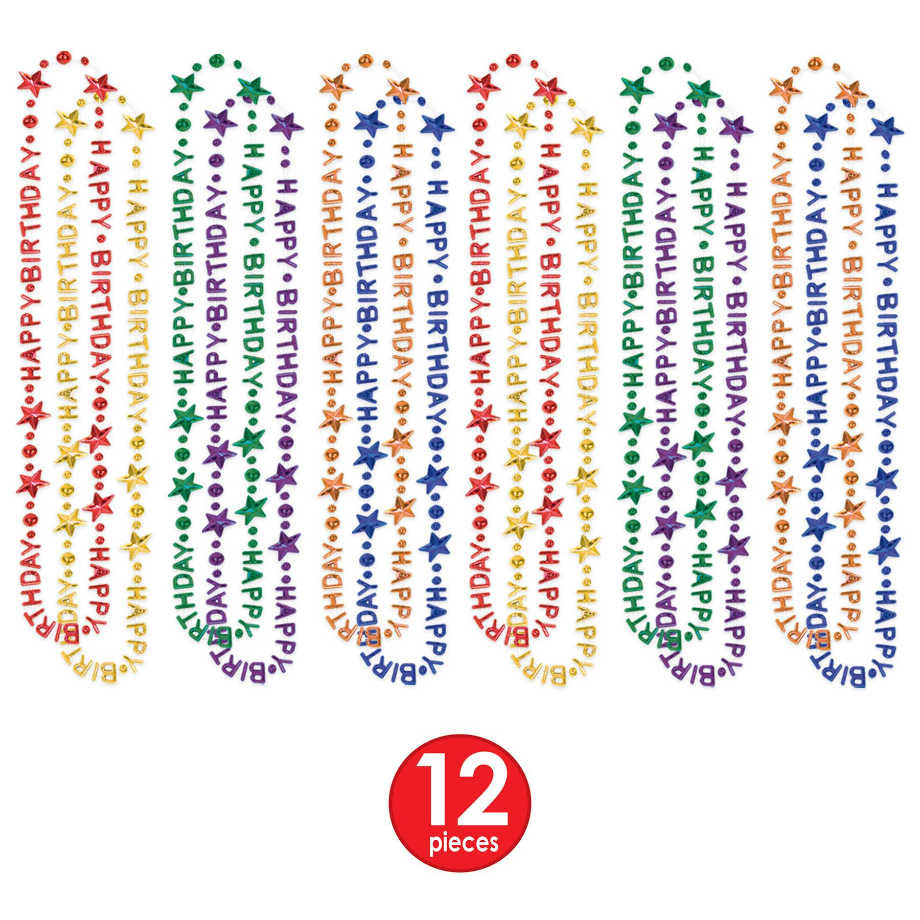 12 Pack Happy Birthday Bead Necklaces for Party Favors - Colorful Mardi Gras Style Party Supplies for Birthday Celebrations, Carnivals & Festive Events