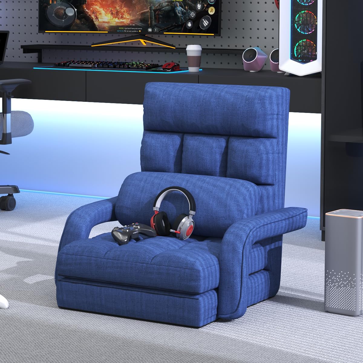6-Position Adjustable Floor Gaming Chair with Pillow & Armrests - Foldable Padded Chaise Lounge for Teens, Adults & Pets - Perfect for Meditation, Relaxing & Gaming - Blue