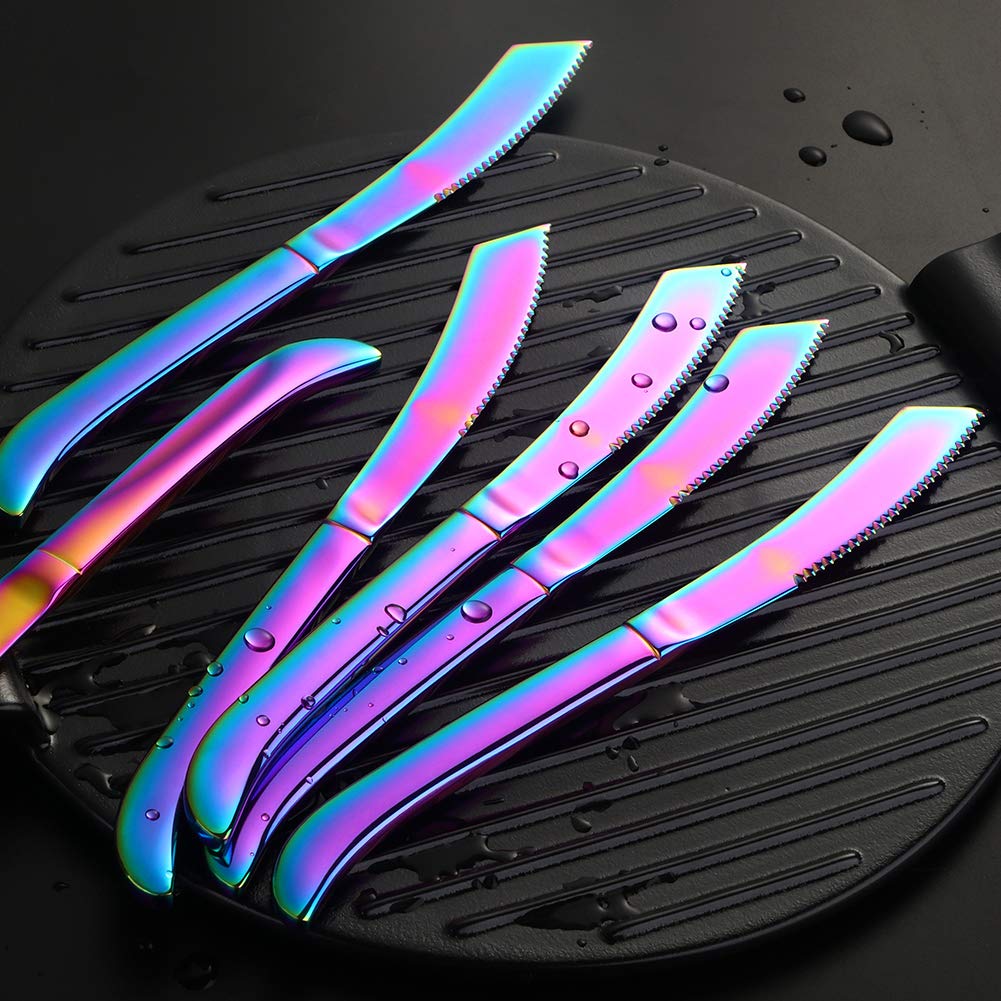 6-Piece Rainbow Steak Knife Set - Premium Serrated Stainless Steel Kitchen Knives for Steak, Dishwasher Safe Flatware Utensils - Perfect for BBQ, Dinner Parties & Restaurant Use